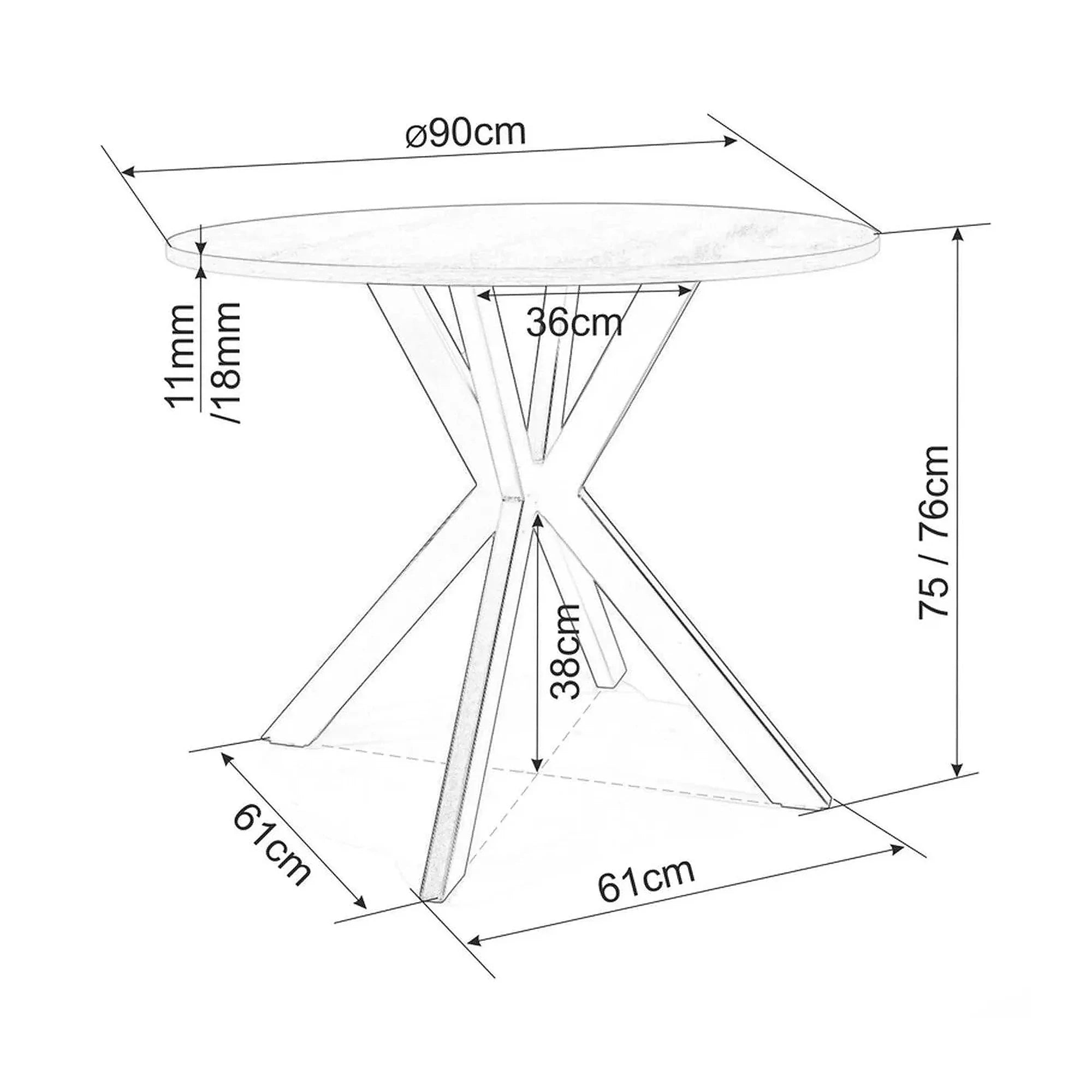Masa TALIA, alb cu efect de marmura/negru mat, ceramica/metal, 90x90x75 cm