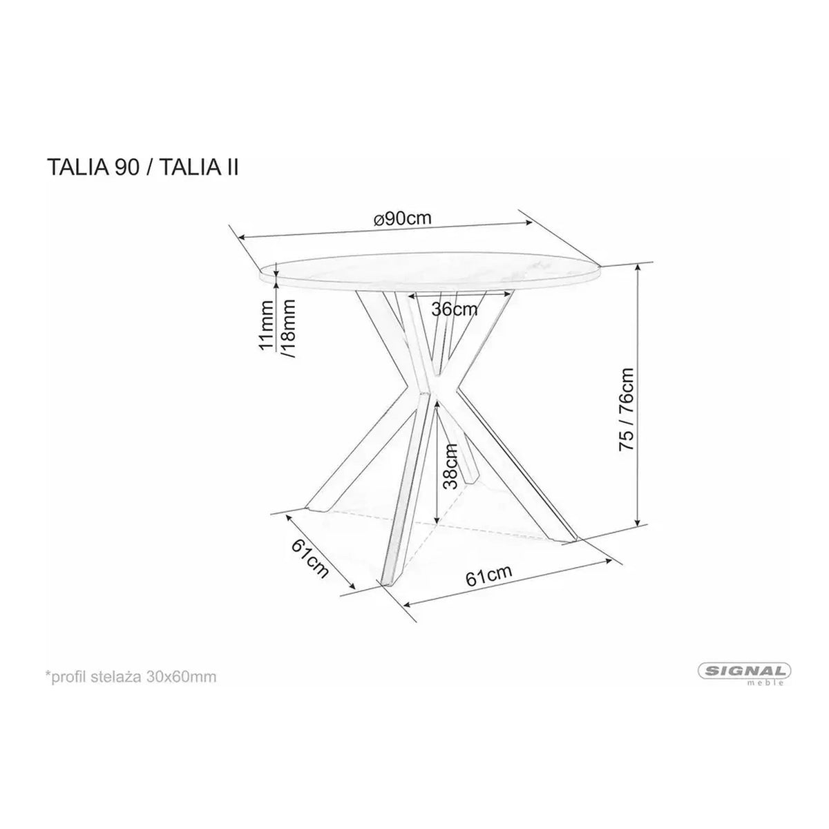 Masa TALIA II, stejar/negru mat, 90x90x76 cm