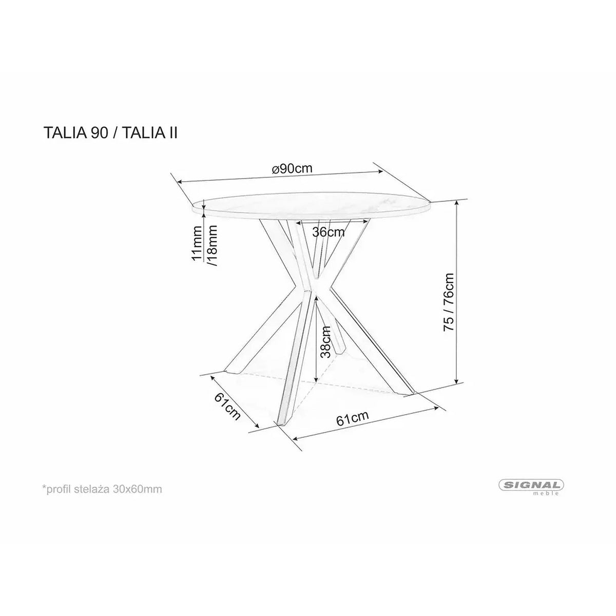 Masa TALIA II, stejar/negru mat, 90x90x76 cm
