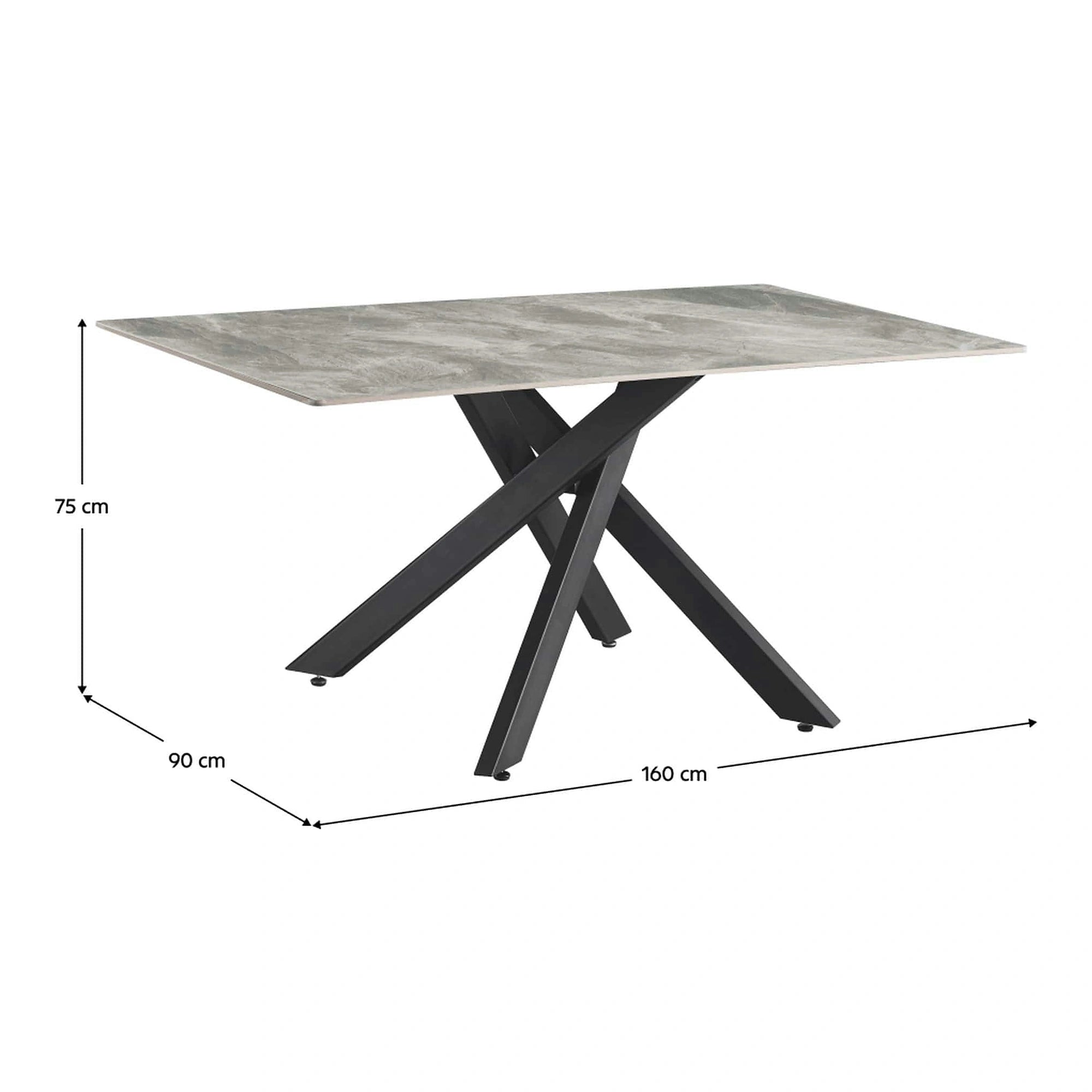 Masa ZENOS, gri cu efect de marmura/negru, ceramica/metal, 160x90x75 cm