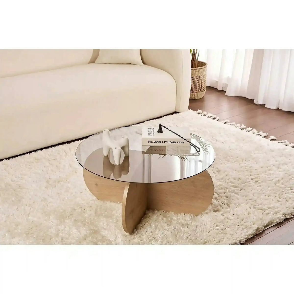 Masuta cafea AERIS, stejar/fumuriu, PAL/sticla, 75x75x35 cm