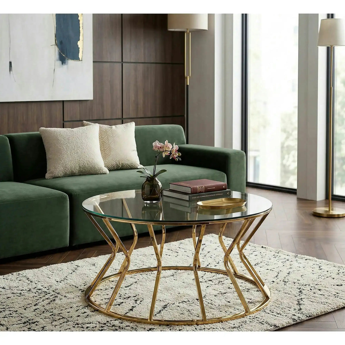 Masuta cafea AFINA, oglinda/auriu, sticla/otel, 90x90x46 cm