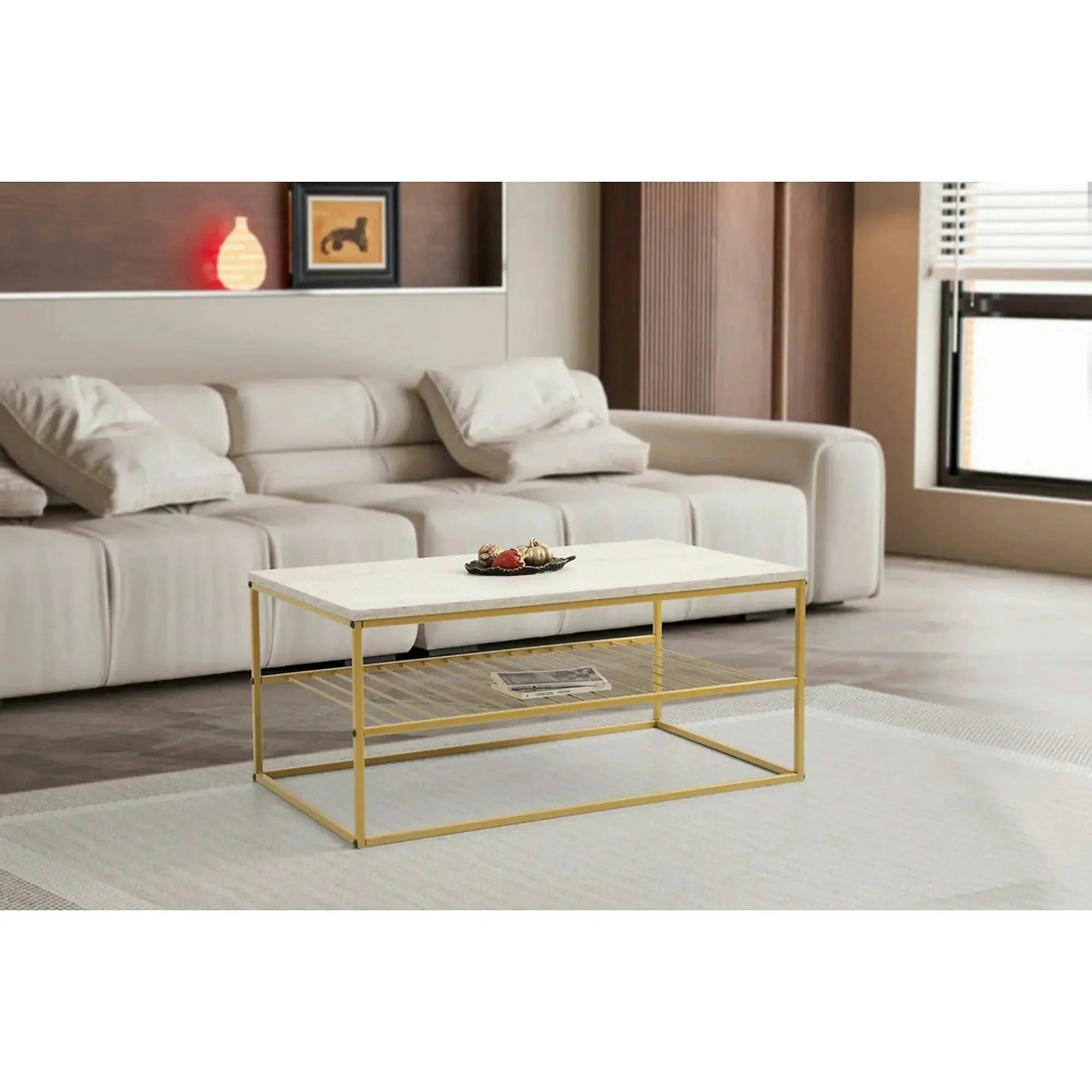 Masuta cafea ASUDE, alb cu efect de marmura/auriu, PAL melaminat/metal, 95x55x42 cm