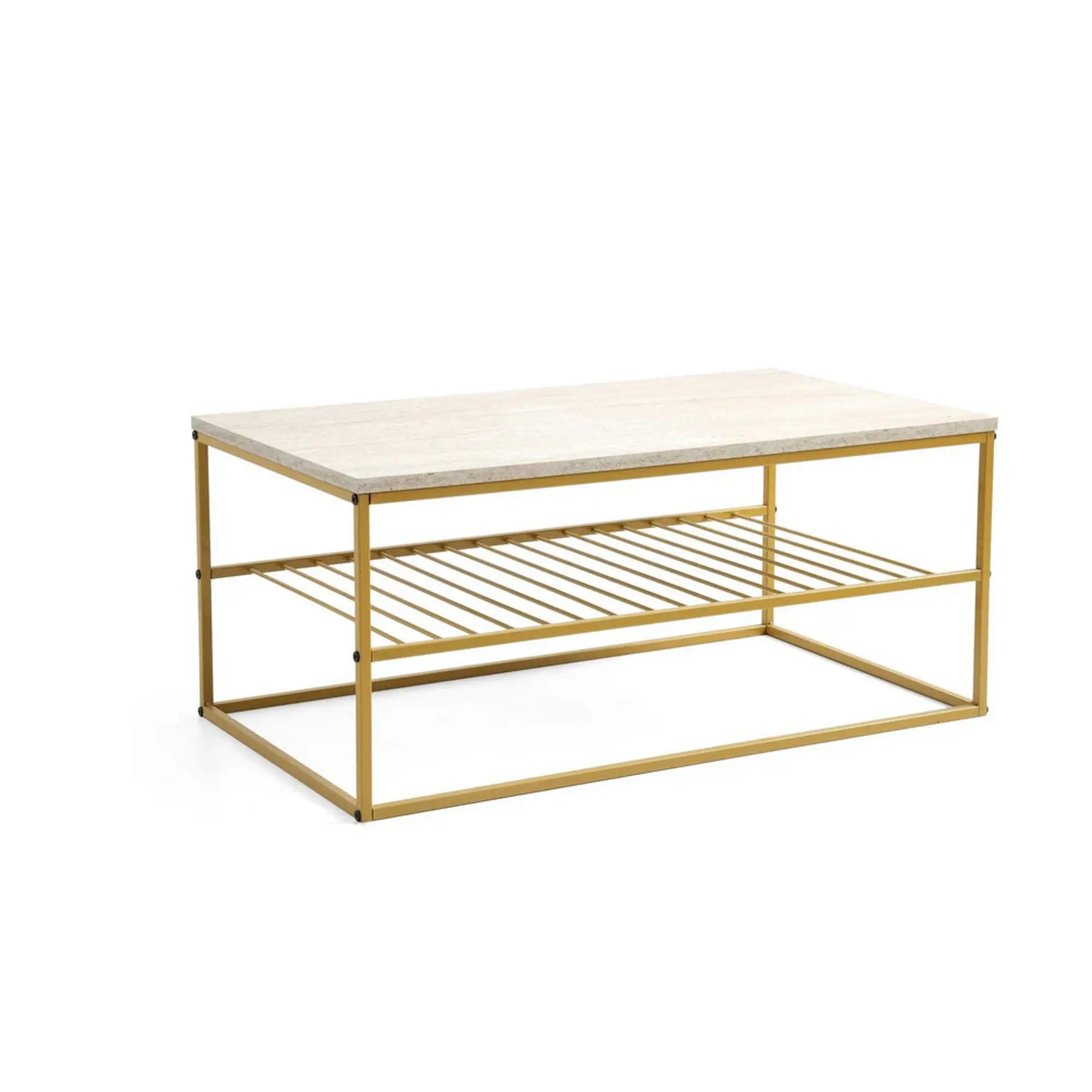 Masuta cafea ASUDE, alb cu efect de marmura/auriu, PAL melaminat/metal, 95x55x42 cm