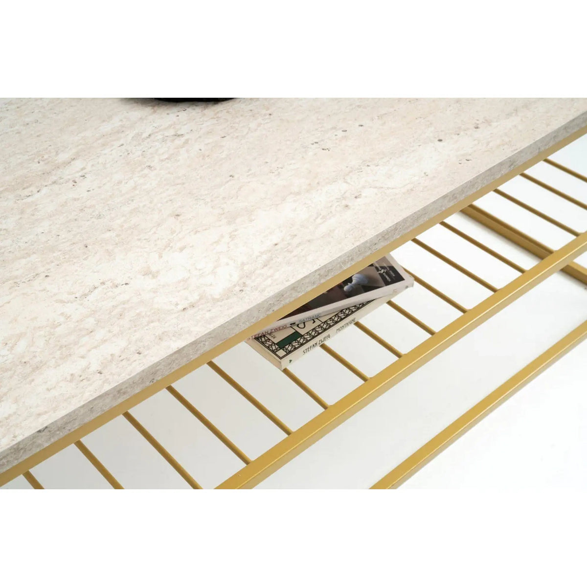 Masuta cafea ASUDE, alb cu efect de marmura/auriu, PAL melaminat/metal, 95x55x42 cm