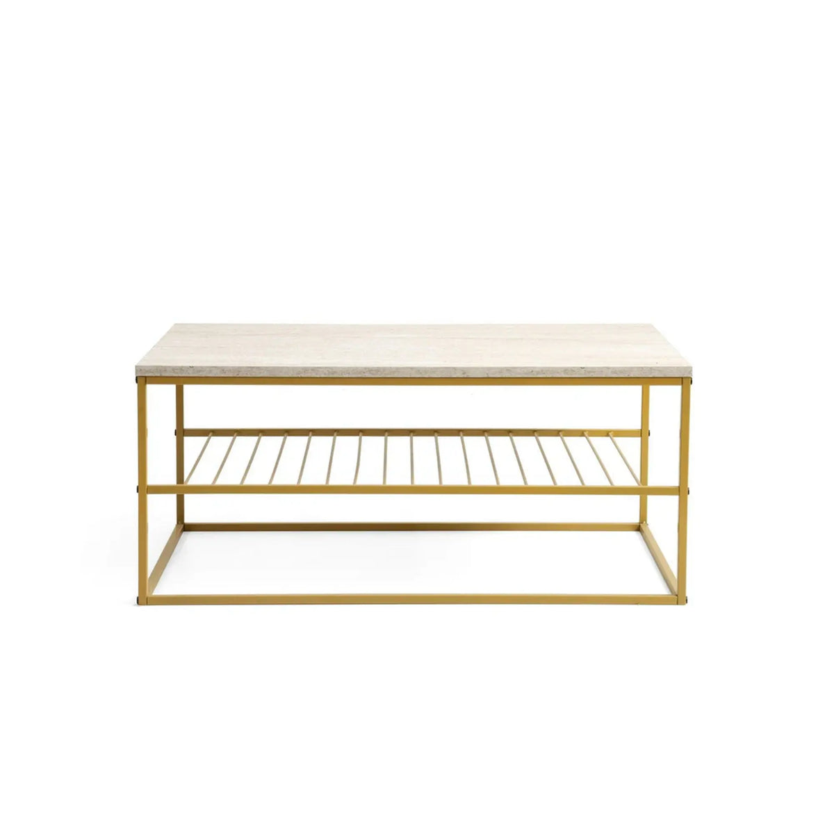 Masuta cafea ASUDE, alb cu efect de marmura/auriu, PAL melaminat/metal, 95x55x42 cm