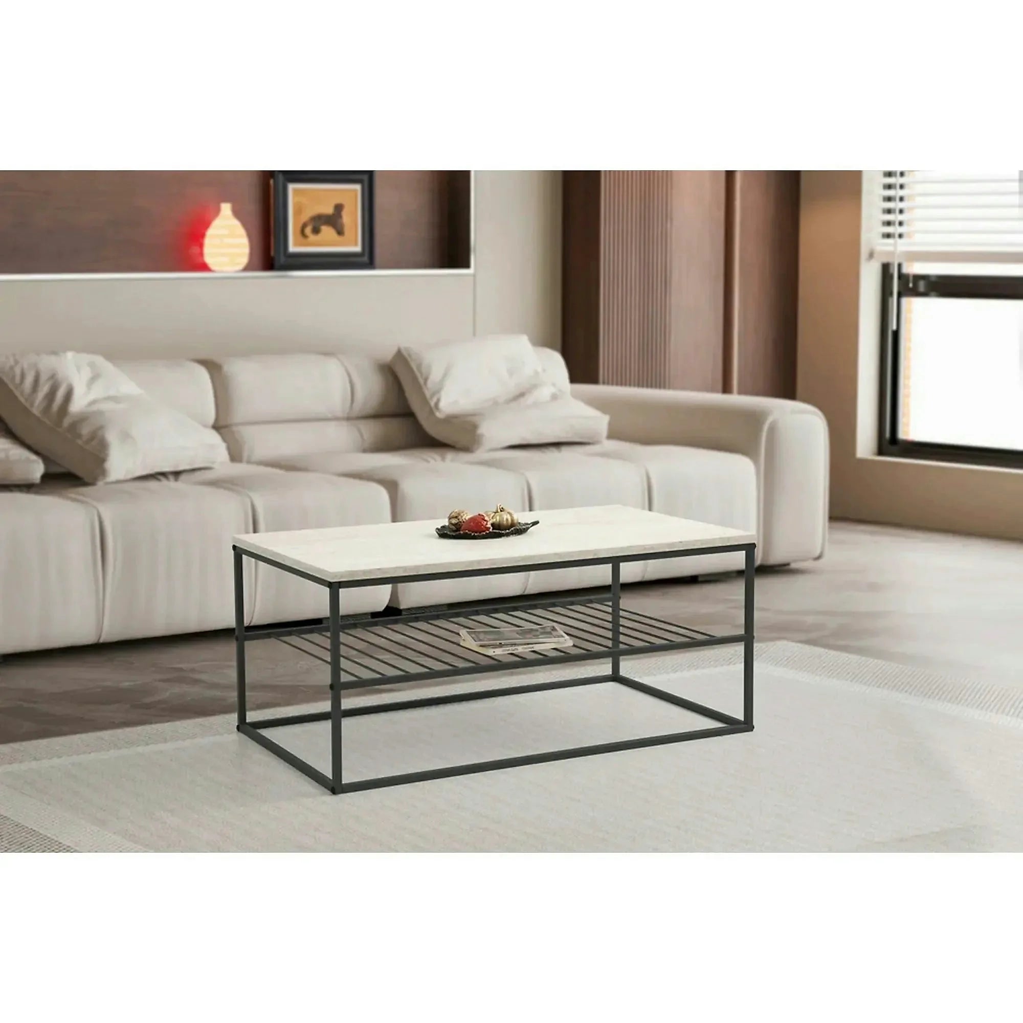 Masuta cafea ASUDE, crem cu efect de marmura/negru, PAL melaminat/metal, 95x55x42 cm