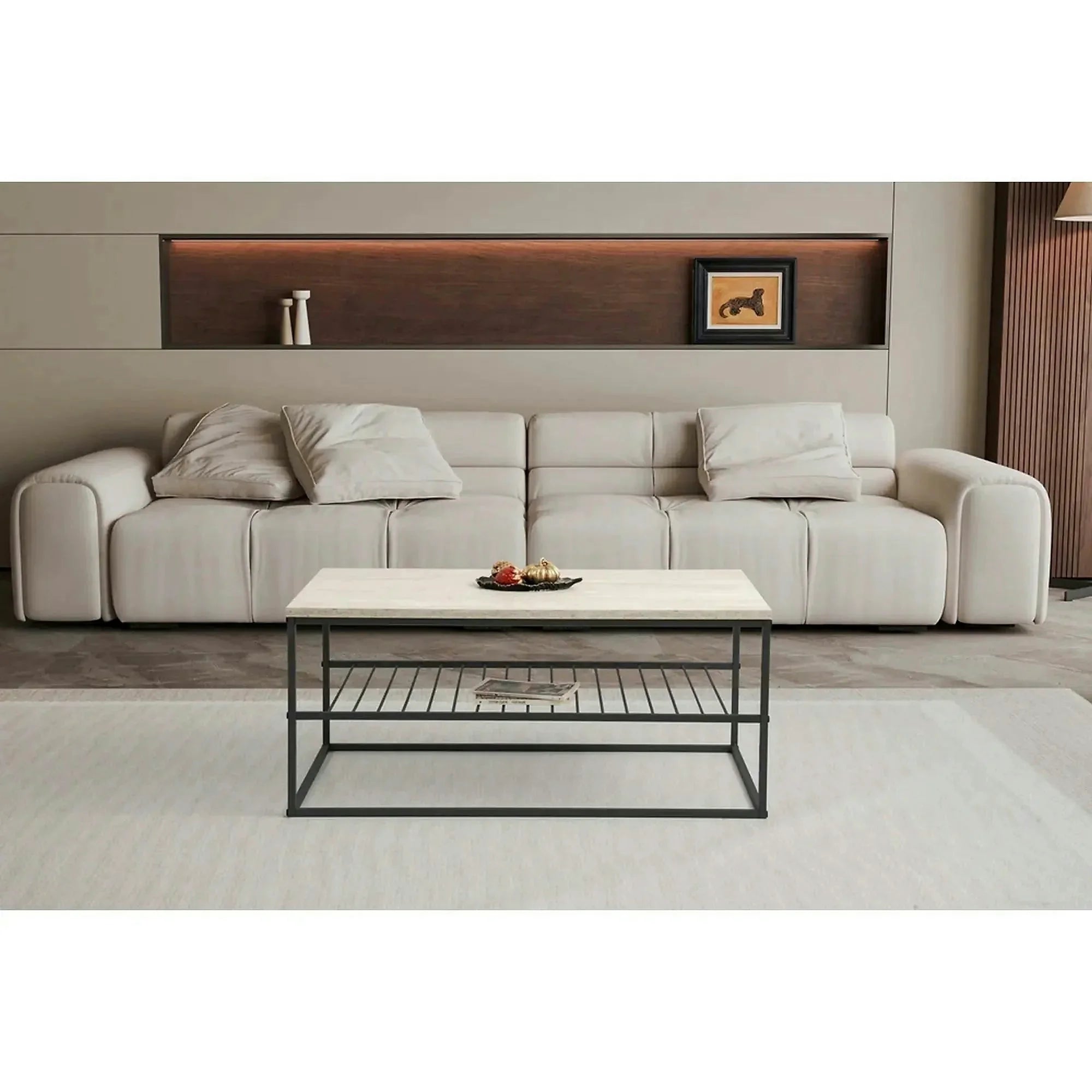 Masuta cafea ASUDE, crem cu efect de marmura/negru, PAL melaminat/metal, 95x55x42 cm