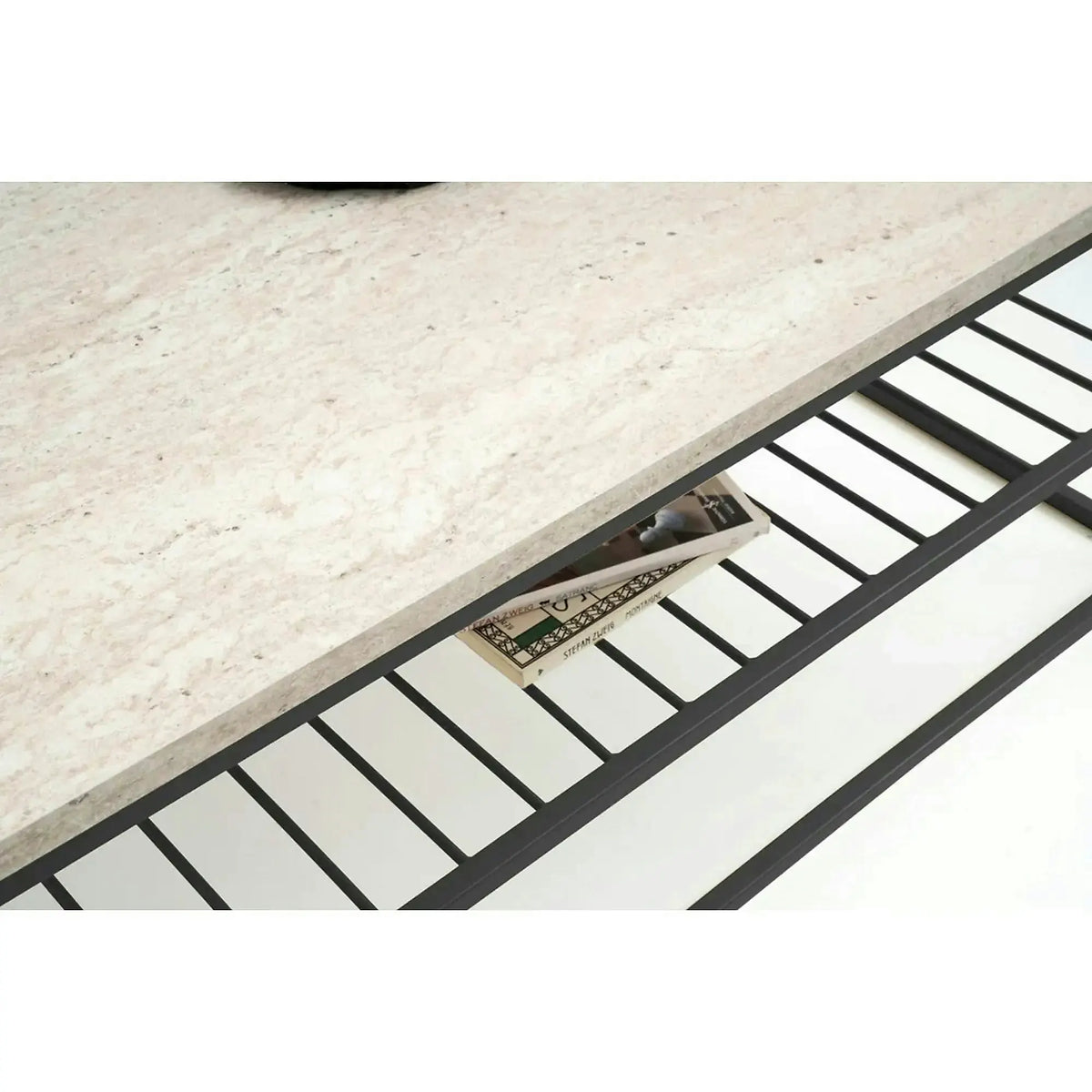 Masuta cafea ASUDE, crem cu efect de marmura/negru, PAL melaminat/metal, 95x55x42 cm