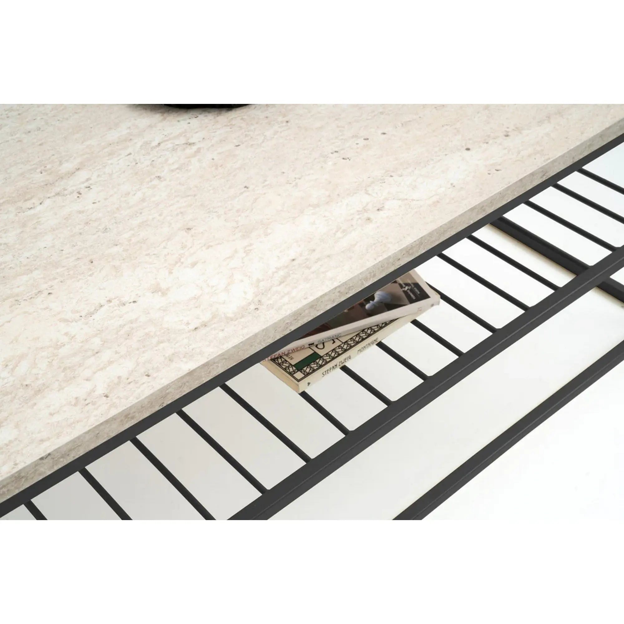 Masuta cafea ASUDE, crem cu efect de marmura/negru, PAL melaminat/metal, 95x55x42 cm