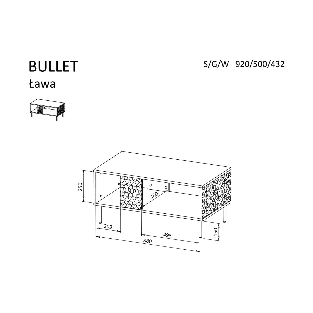 Masuta cafea BULLET, negru/auriu, PAL laminat, 90X50X43 cm