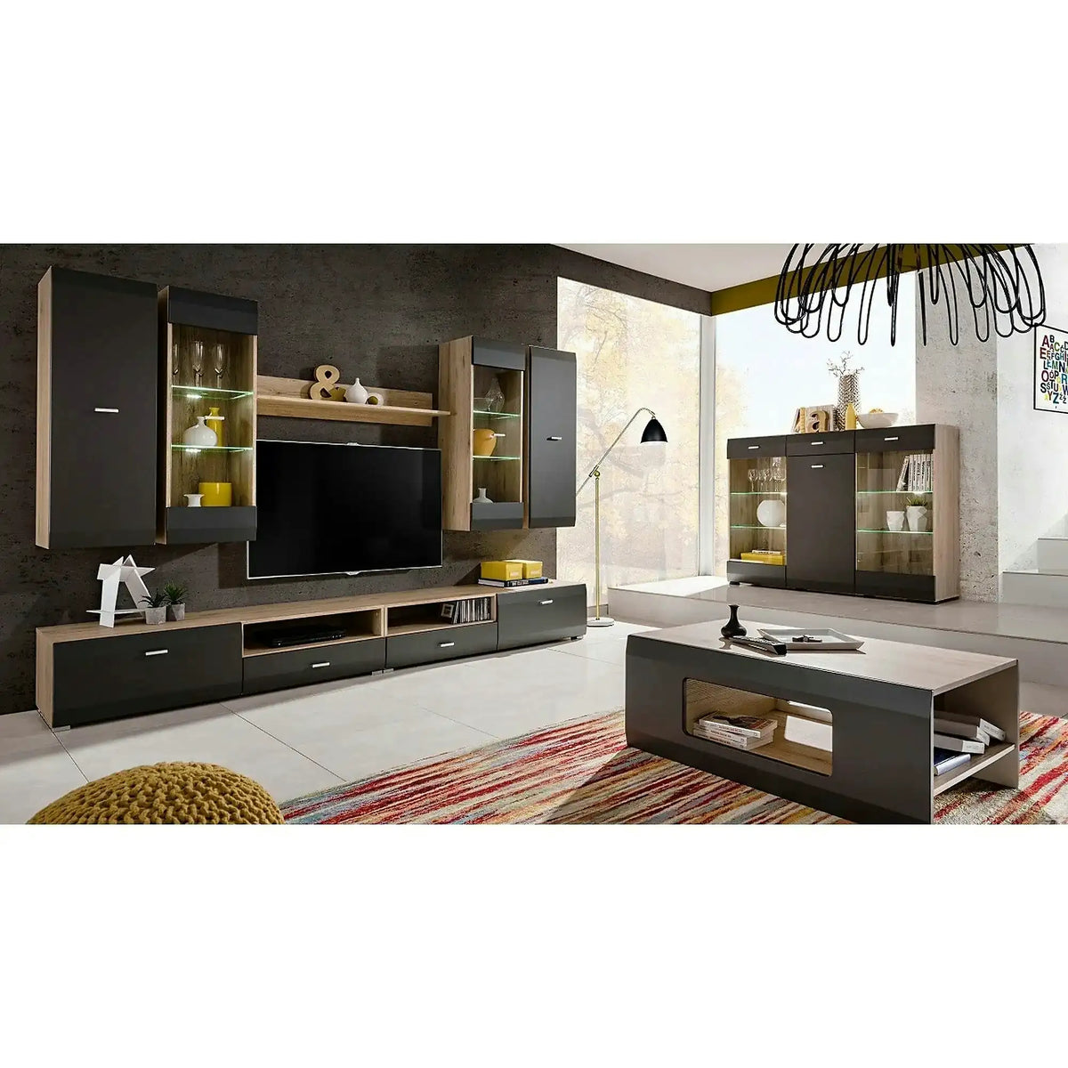 Masuta cafea CLIFF, gri grafit/stejar, PAL, 100x61x38 cm