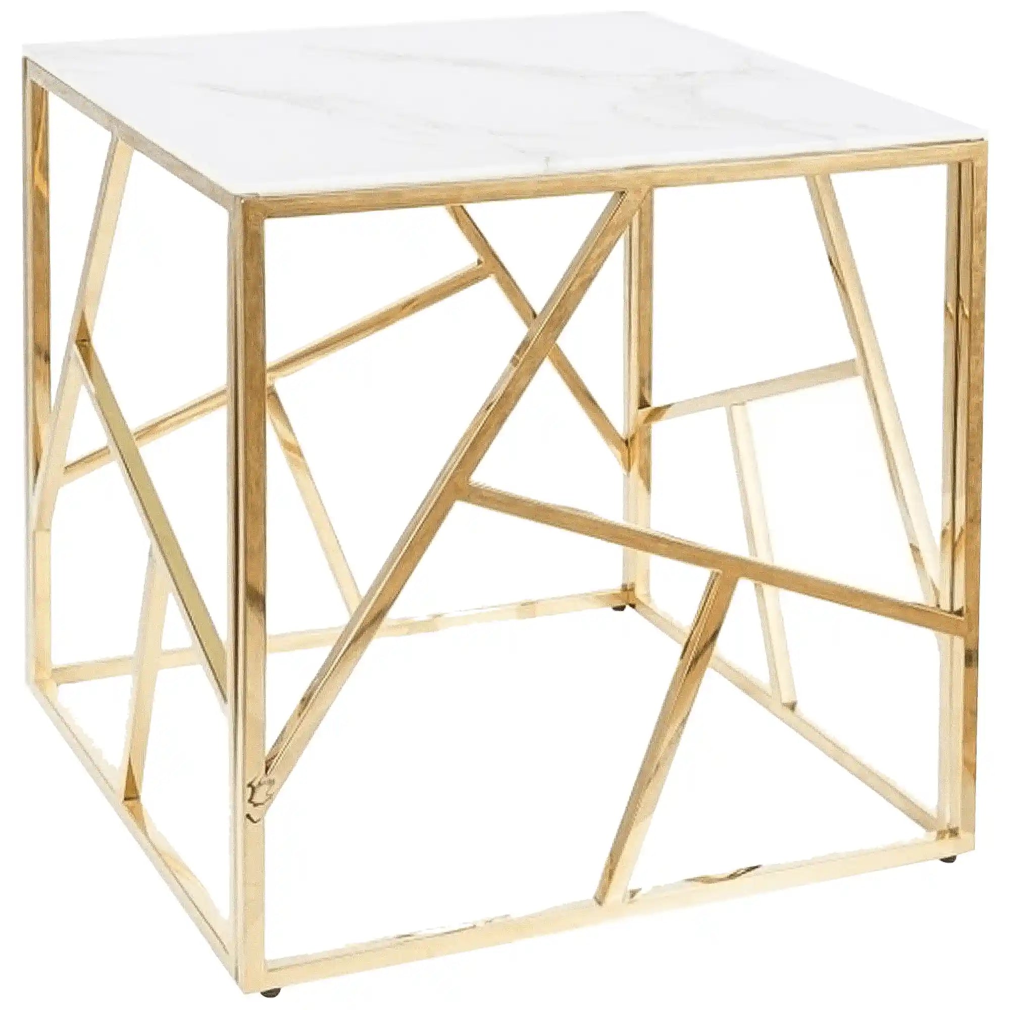 Masuta cafea Escada B II, alb cu efect de marmura/auriu, sticla securizata/otel inoxidabil, 55X55X55 cm