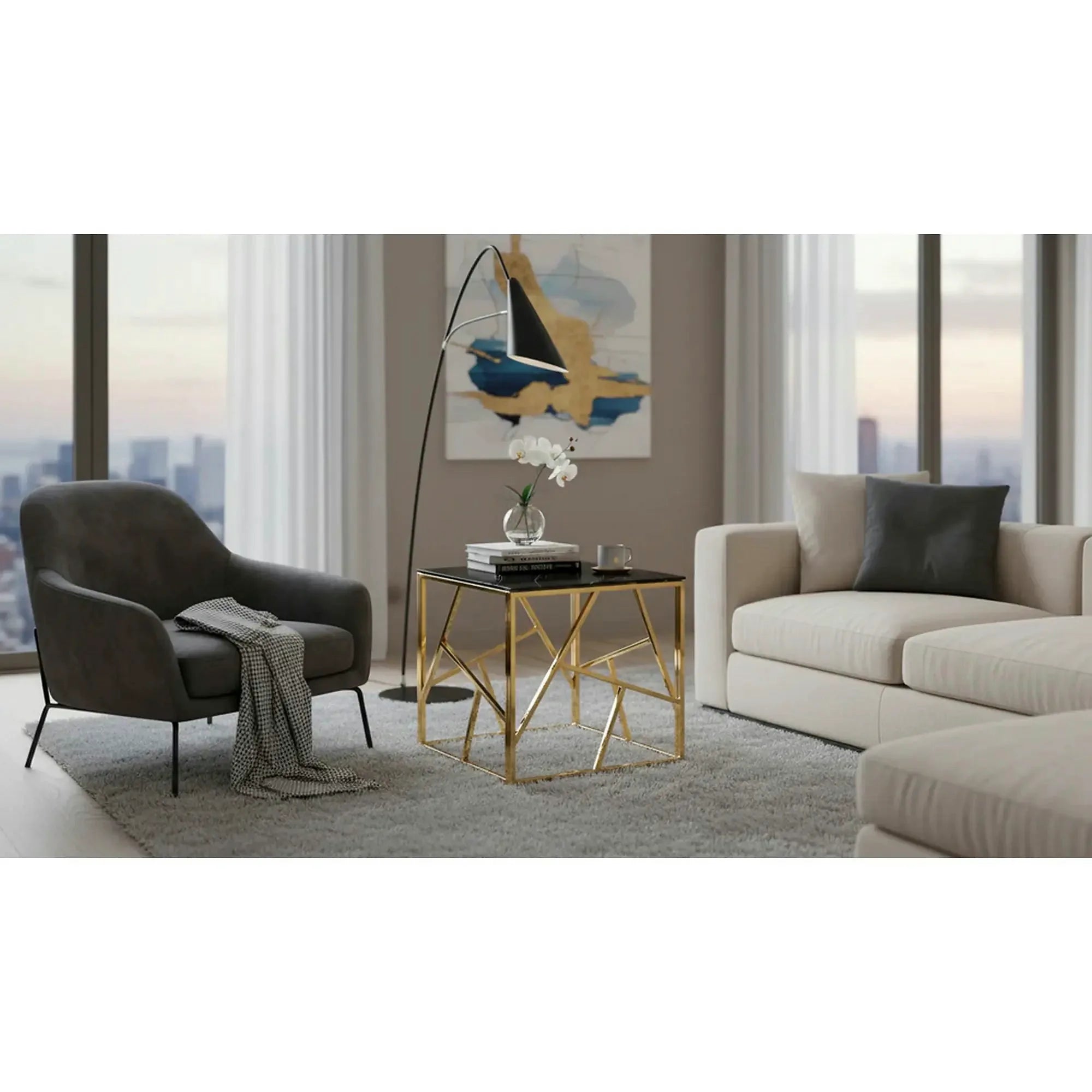 Masuta cafea ESCADA B II, negru cu efect de marmura/auriu, sticla securizata/otel, 55x55x55 cm