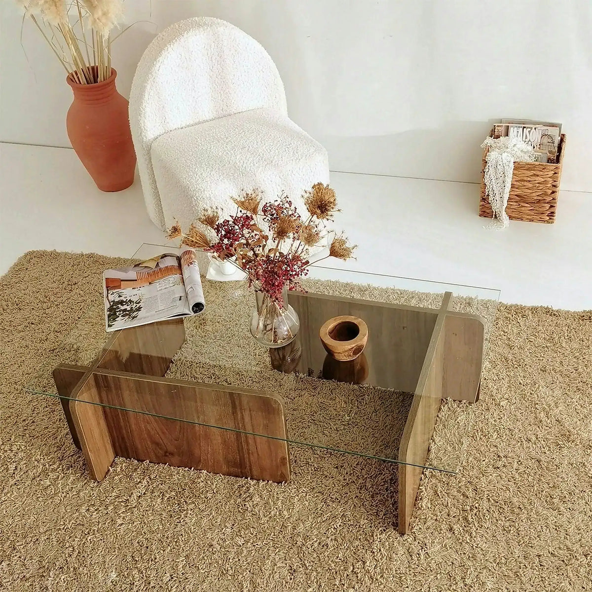 Masuta cafea Escape, transparent/nuc, sticla securizata/PAL melaminat, 105x65x30 cm