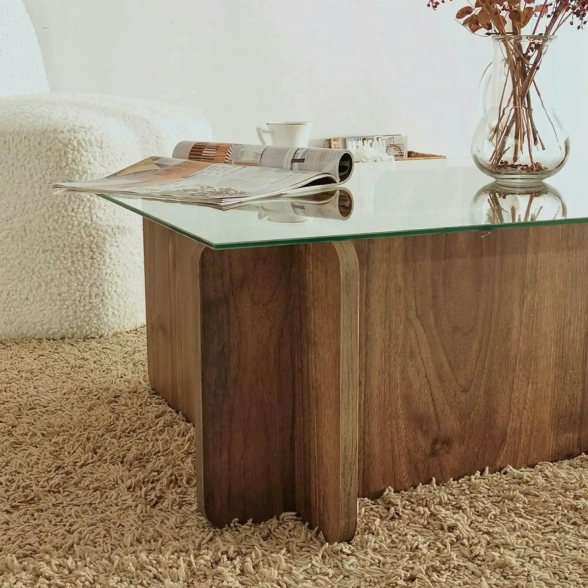 Masuta cafea Escape, transparent/nuc, sticla securizata/PAL melaminat, 105x65x30 cm