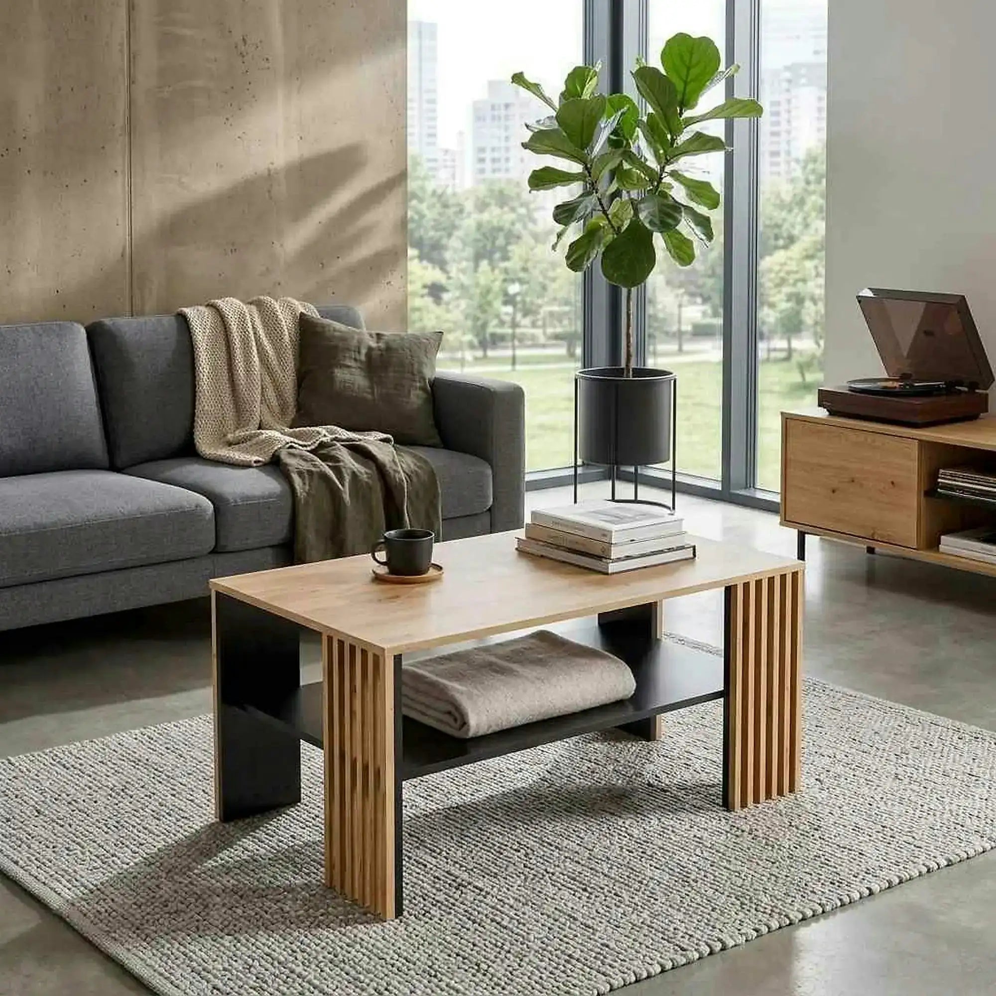Masuta cafea FEMINA, stejar/negru, PAL laminat, 110x65x52 cm