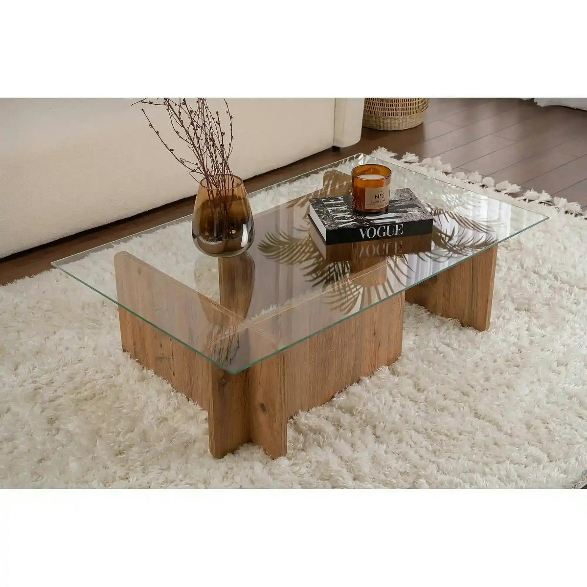 Masuta cafea FLAVIO, pin/transparent, PAL/sticla, 105x65x30 cm