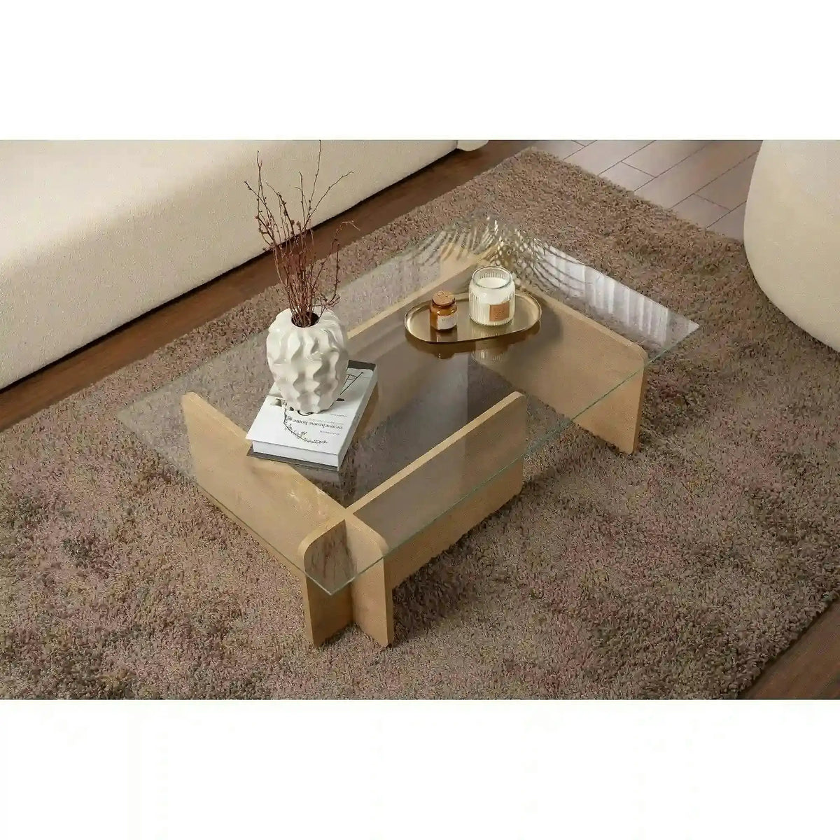 Masuta cafea FLAVIO, stejar miere/transparent, PAL/sticla, 105x65x30 cm