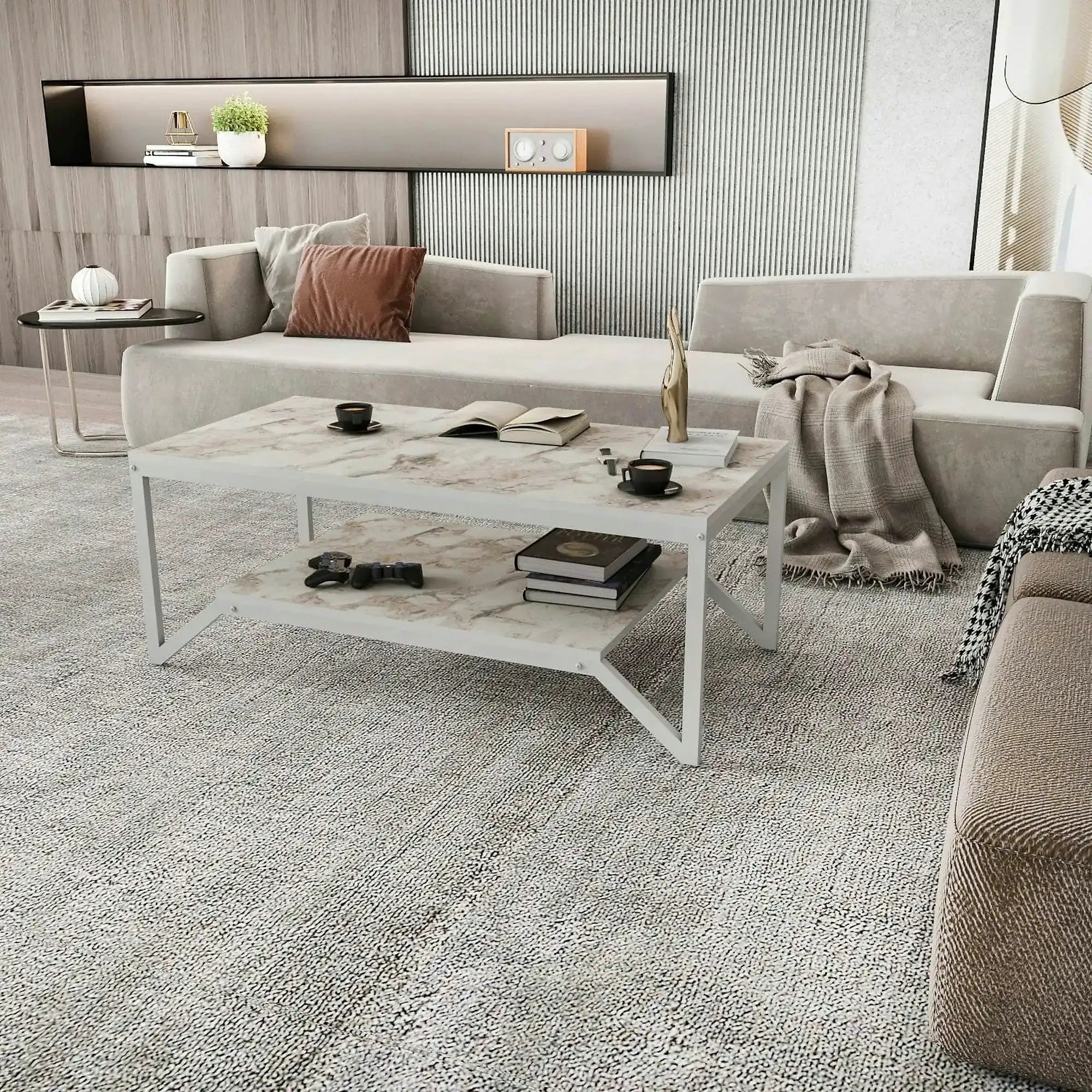 Masuta cafea Flora, bej cu efect de marmura/alb, PAL melaminat, 120x60x46 cm
