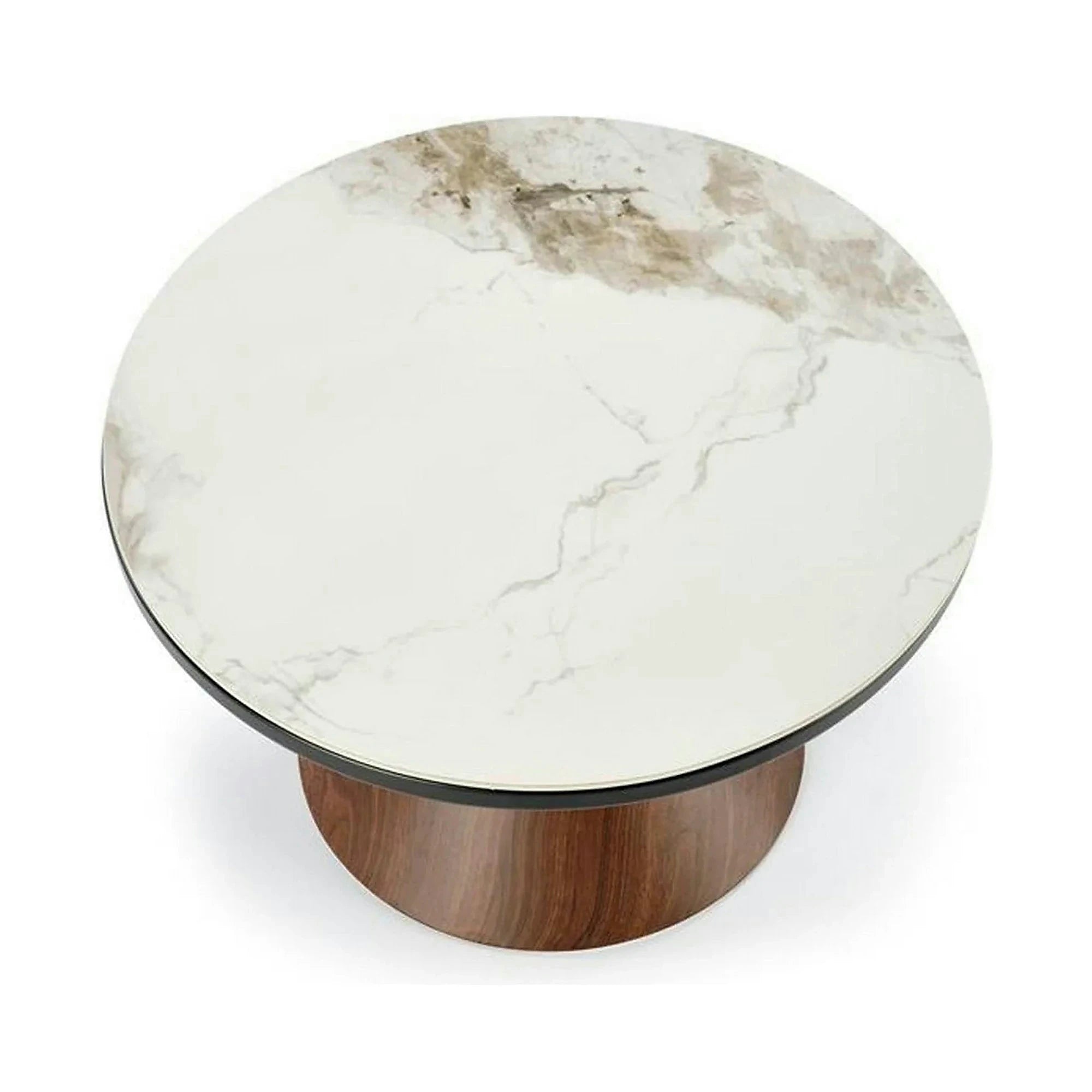 Masuta cafea GENESIS, alb cu efect de marmura/nuc/auriu, ceramica/otel, 70x70x43 cm