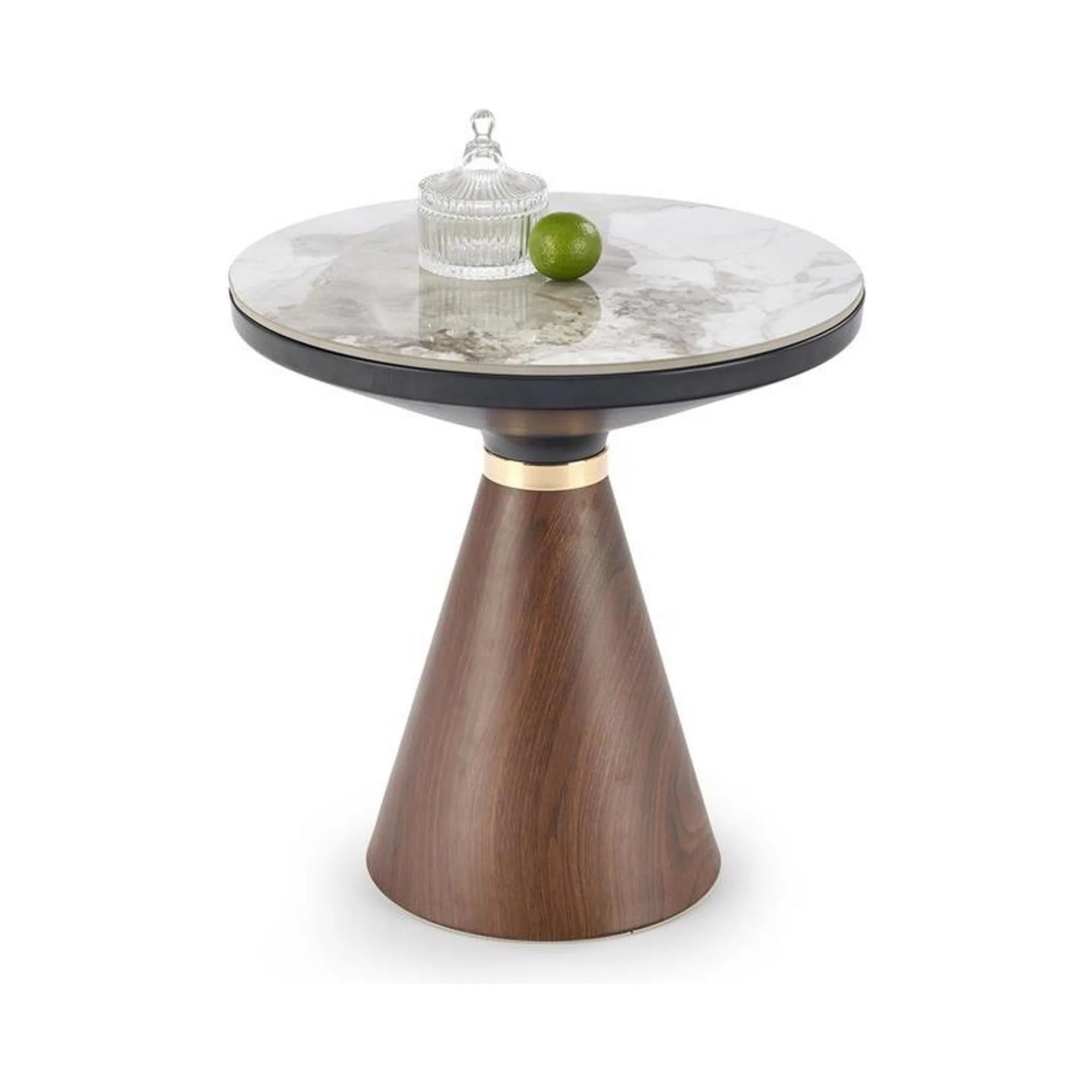 Masuta cafea GENESIS S, alb cu efect de marmura/nuc/auriu, otel/ceramica, 50x50x53 cm