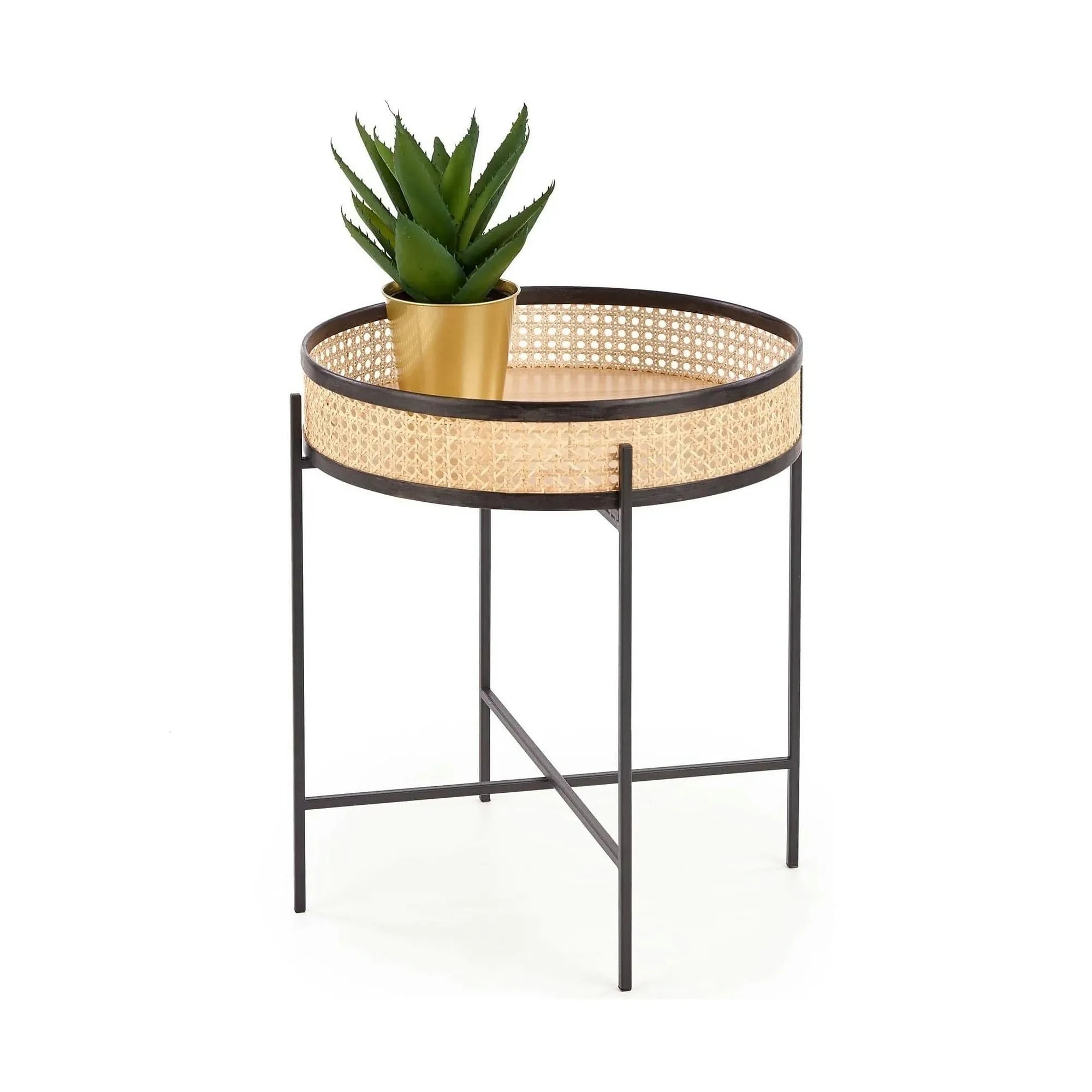 Masuta cafea LANIPA, negru/stejar natural, ratan/otel, 50x50x55 cm