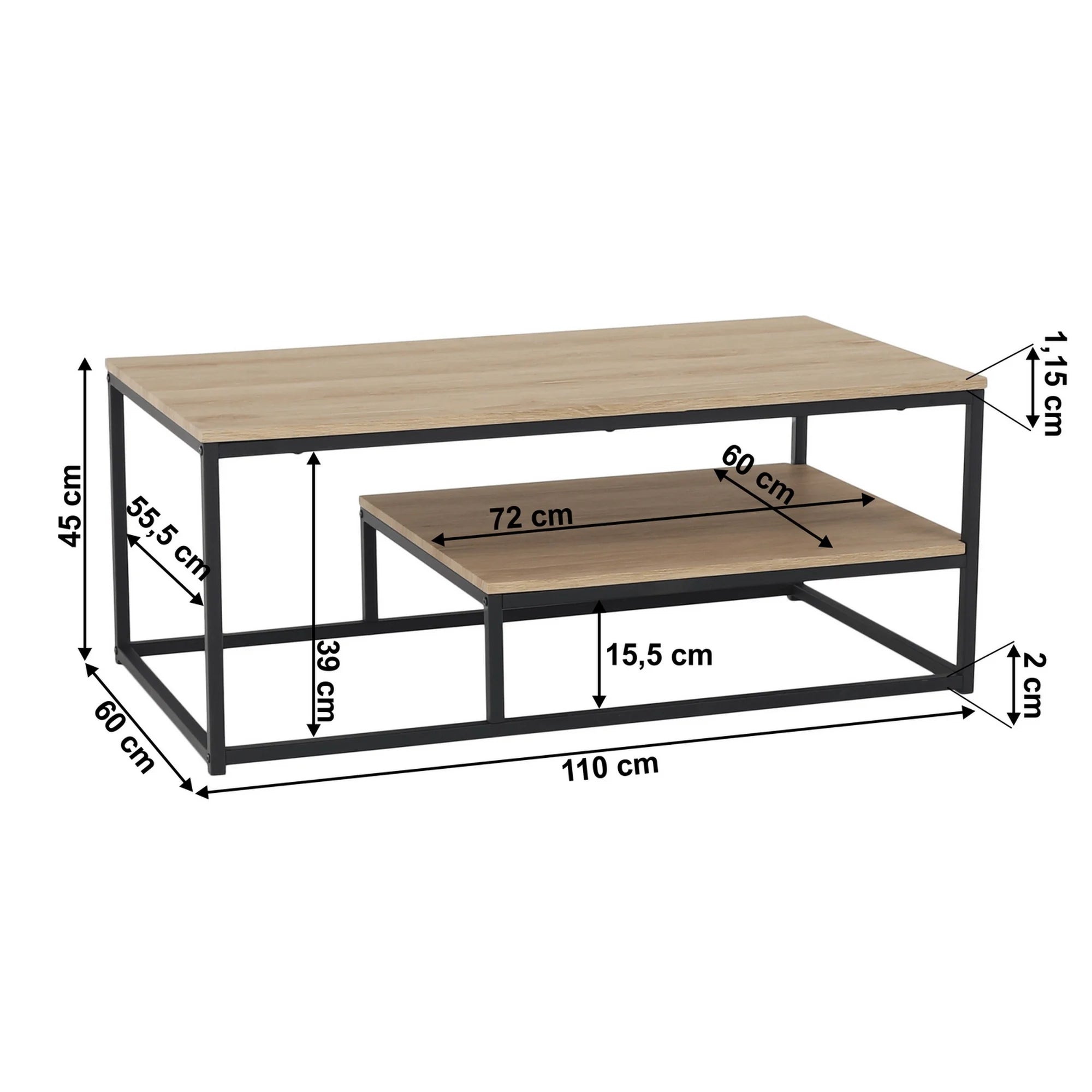 Masuta cafea LARON, stejar deschis/negru, 110x60x45 cm