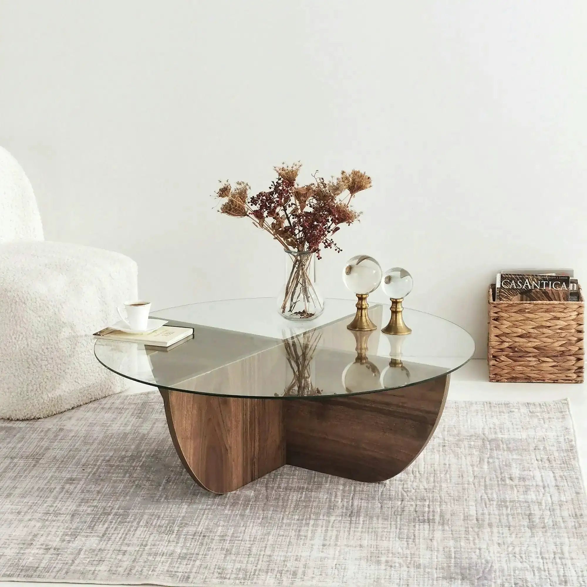 Masuta cafea Lily, transparent/nuc, sticla/PAL melaminat, 90x90x30 cm