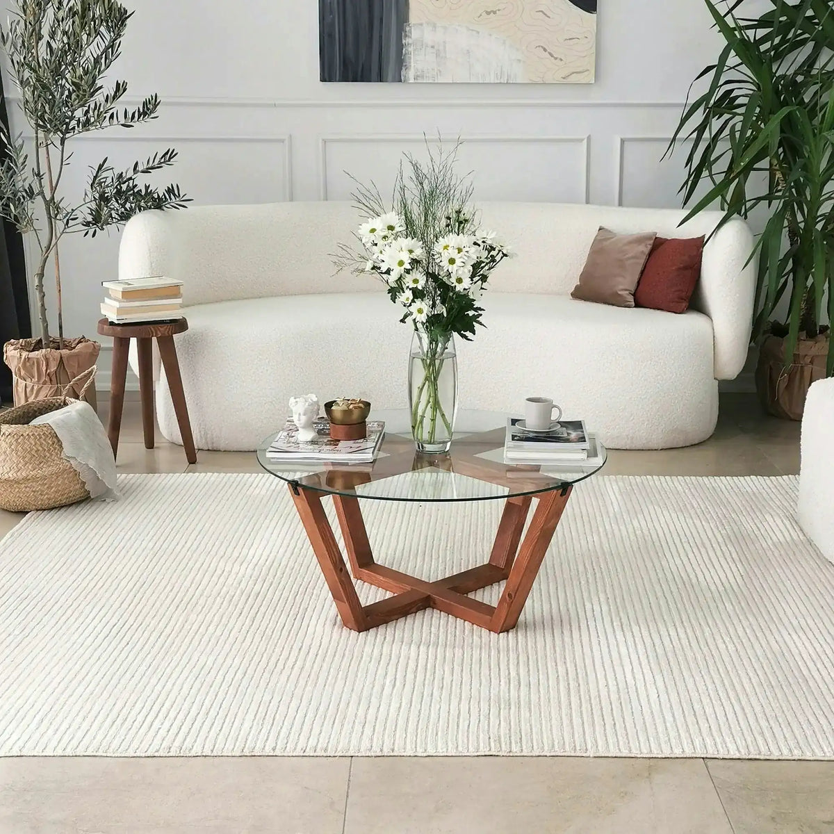 Masuta cafea Lotus, transparent/nuc, sticla/lemn, 75x75x35 cm