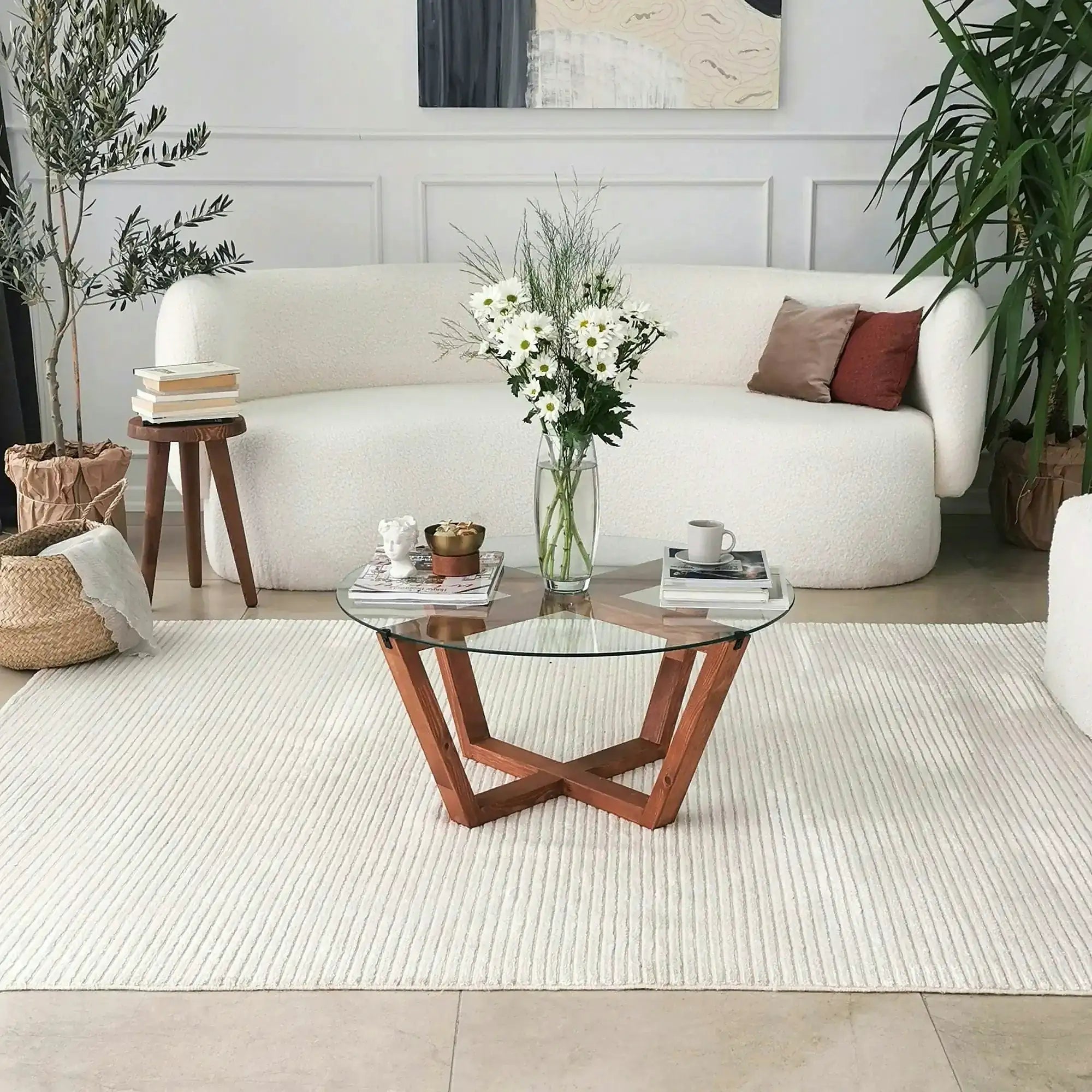 Masuta cafea Lotus, transparent/nuc, sticla/lemn, 75x75x35 cm
