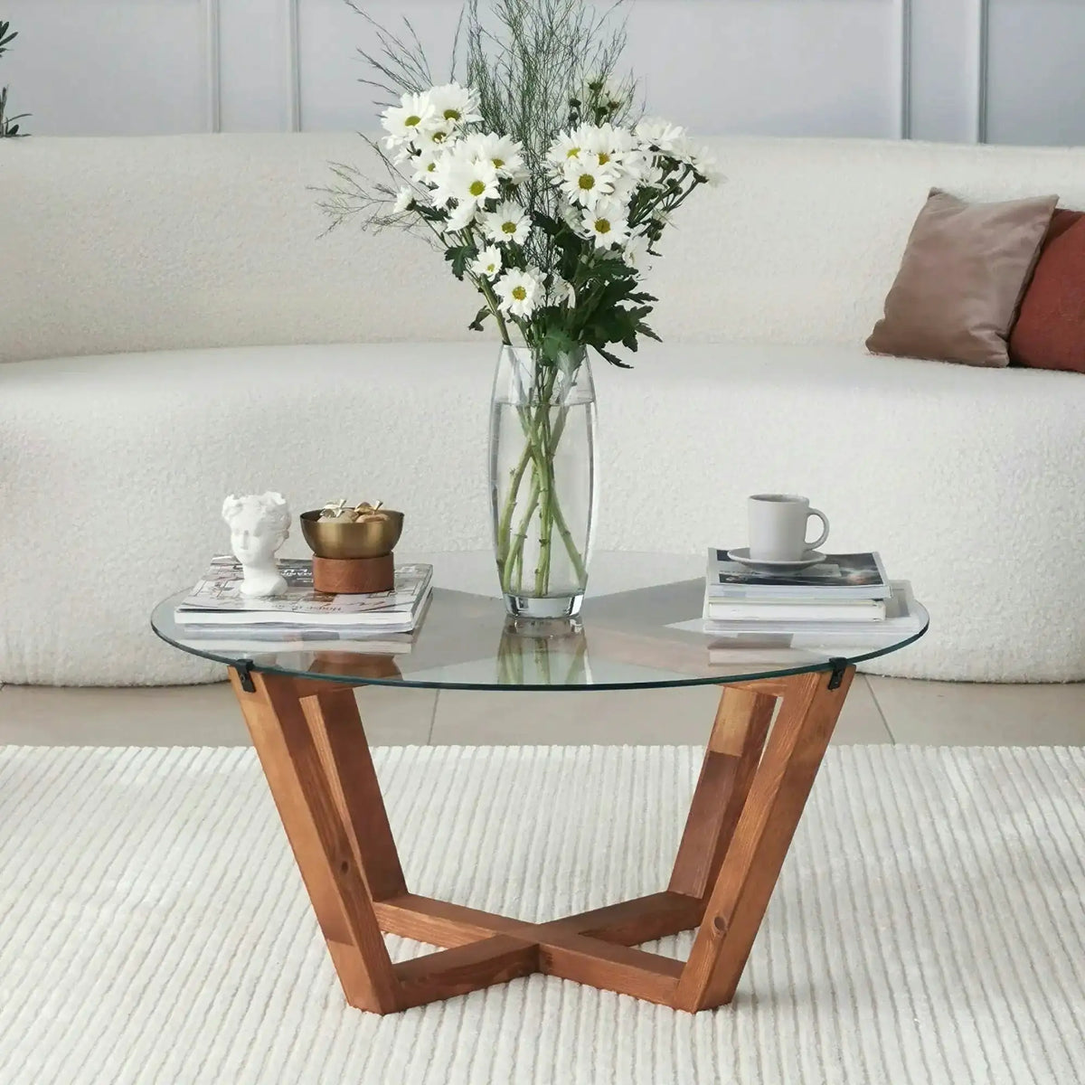 Masuta cafea Lotus, transparent/nuc, sticla/lemn, 75x75x35 cm