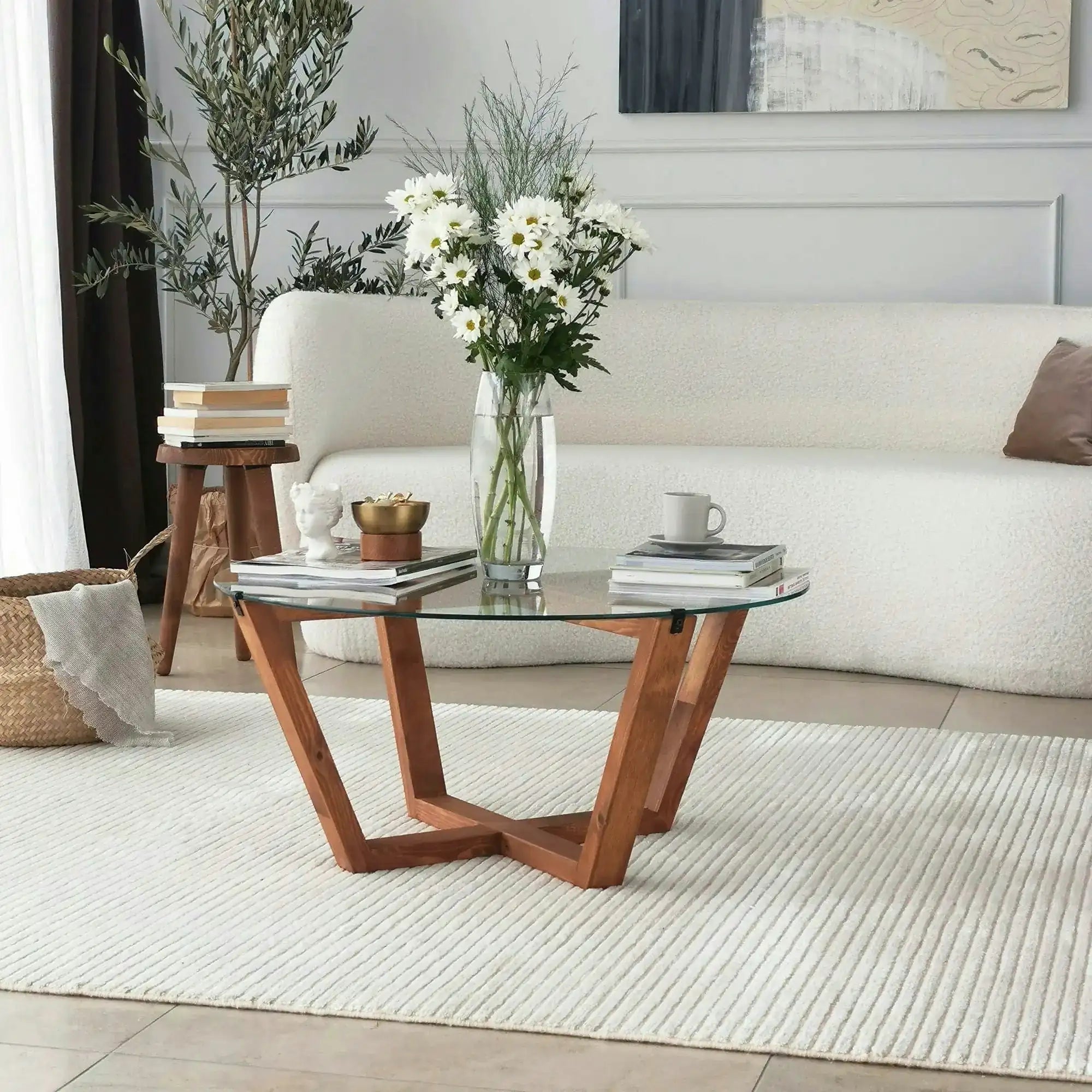 Masuta cafea Lotus, transparent/nuc, sticla/lemn, 75x75x35 cm