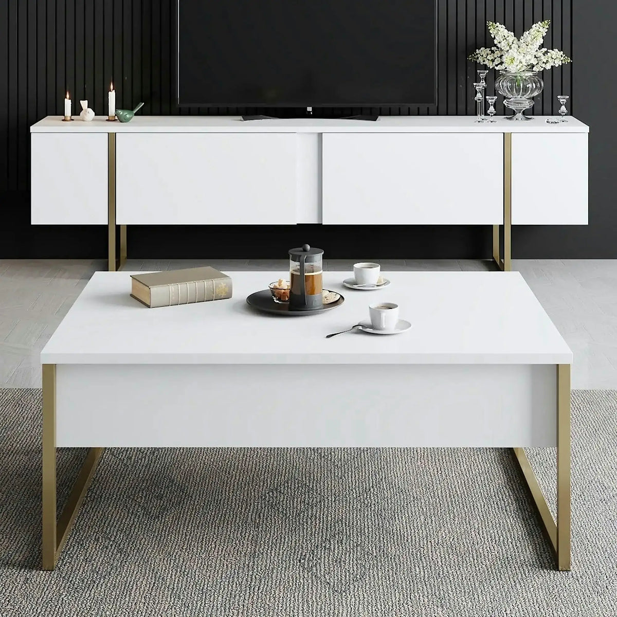 Masuta cafea Luxe, alb/auriu, PAL/metal, 90x60x40 cm