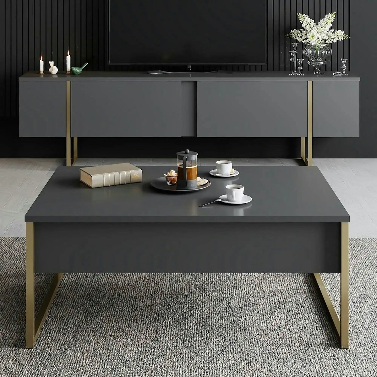 Masuta cafea Luxe, gri antracit/auriu, PAL/metal, 90x60x40 cm