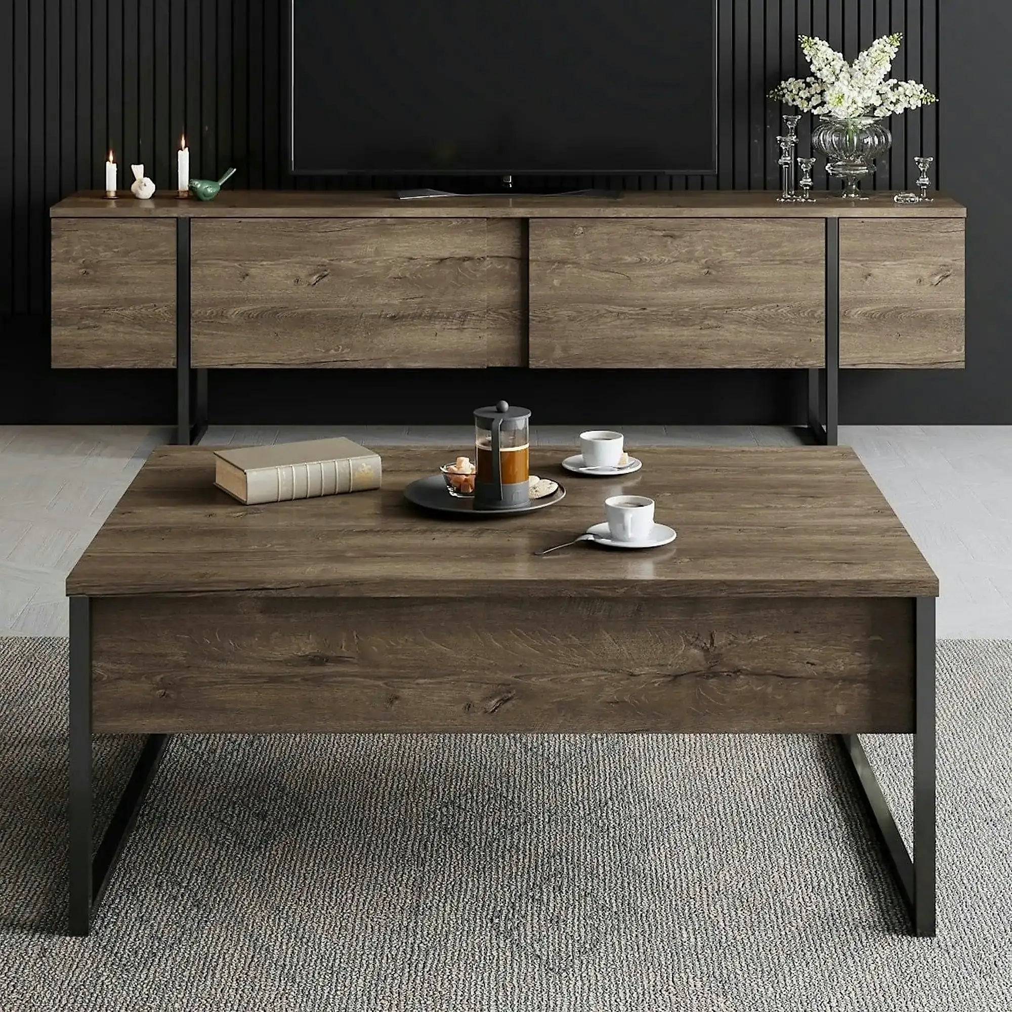 Masuta cafea Luxe, nuc/negru, PAL/metal, 90x60x40 cm