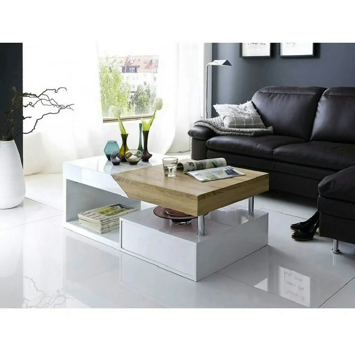 Masuta cafea MELIDA, alb/stejar sonoma, 120x60x43 cm