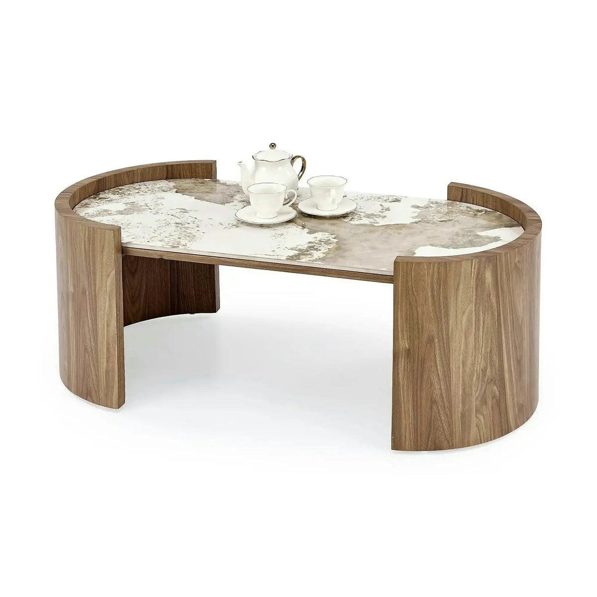 Masuta cafea NICOSIA, bej/nuc, piatra sinterizata, 121x61x45 cm
