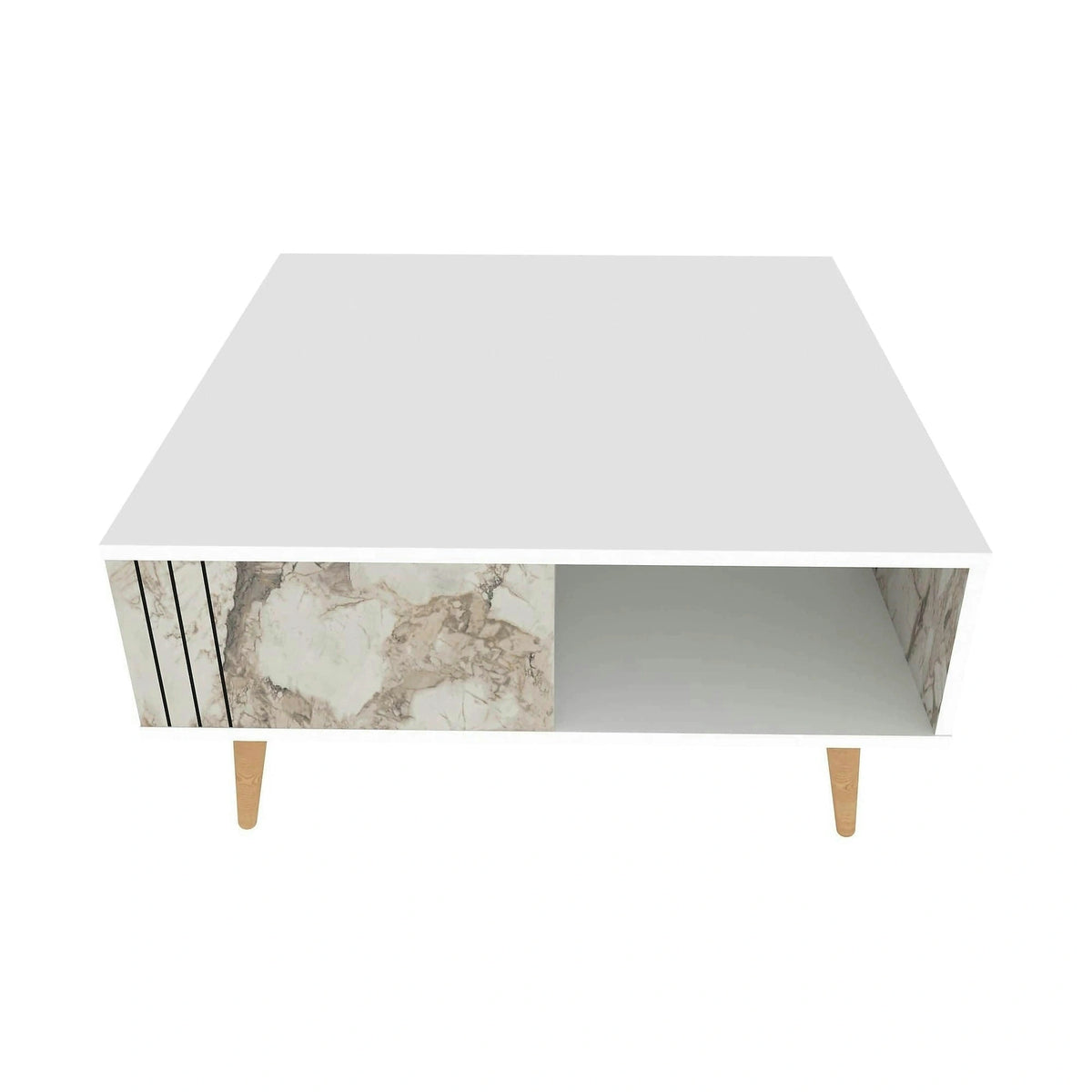 Masuta cafea Ronas, alb cu efect de marmura, PAL melaminat, 90x90x47 cm