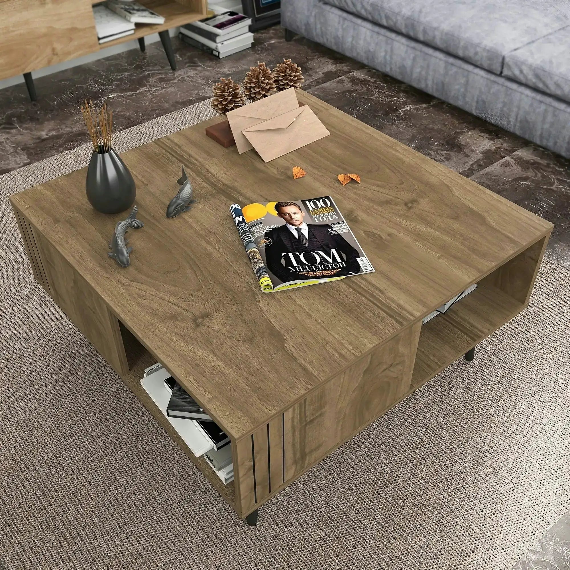 Masuta cafea Ronas, nuc, PAL melaminat, 90x90x46.5 cm