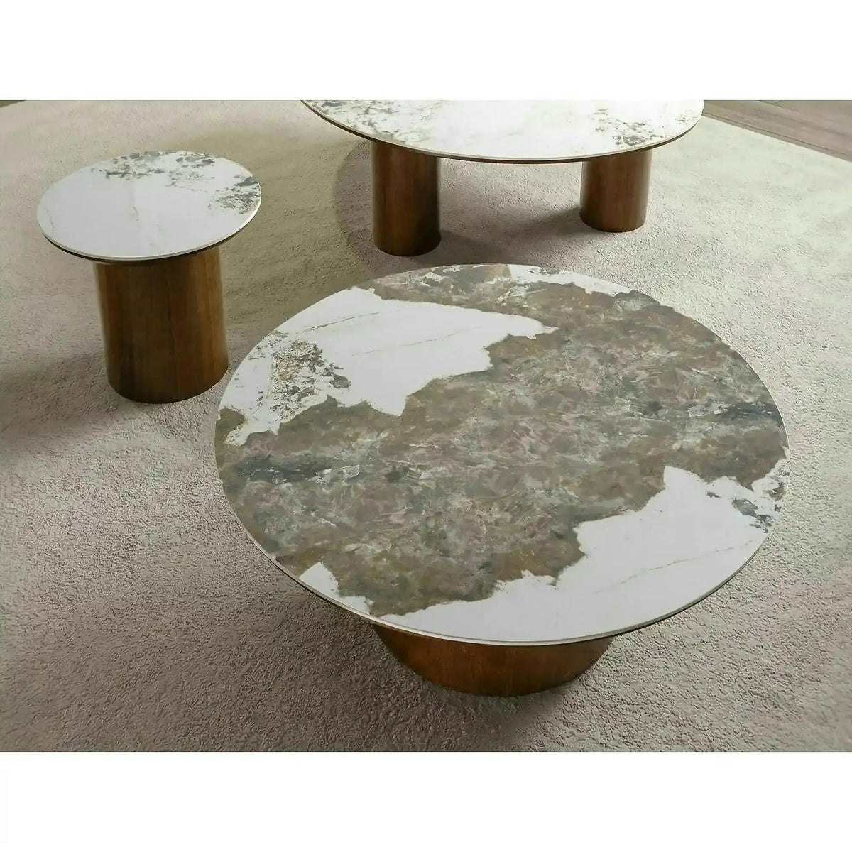 Măsuță cafea RONDO, alb lucios/nuc, ceramică/furnir/MDF, 80x80x35 cm