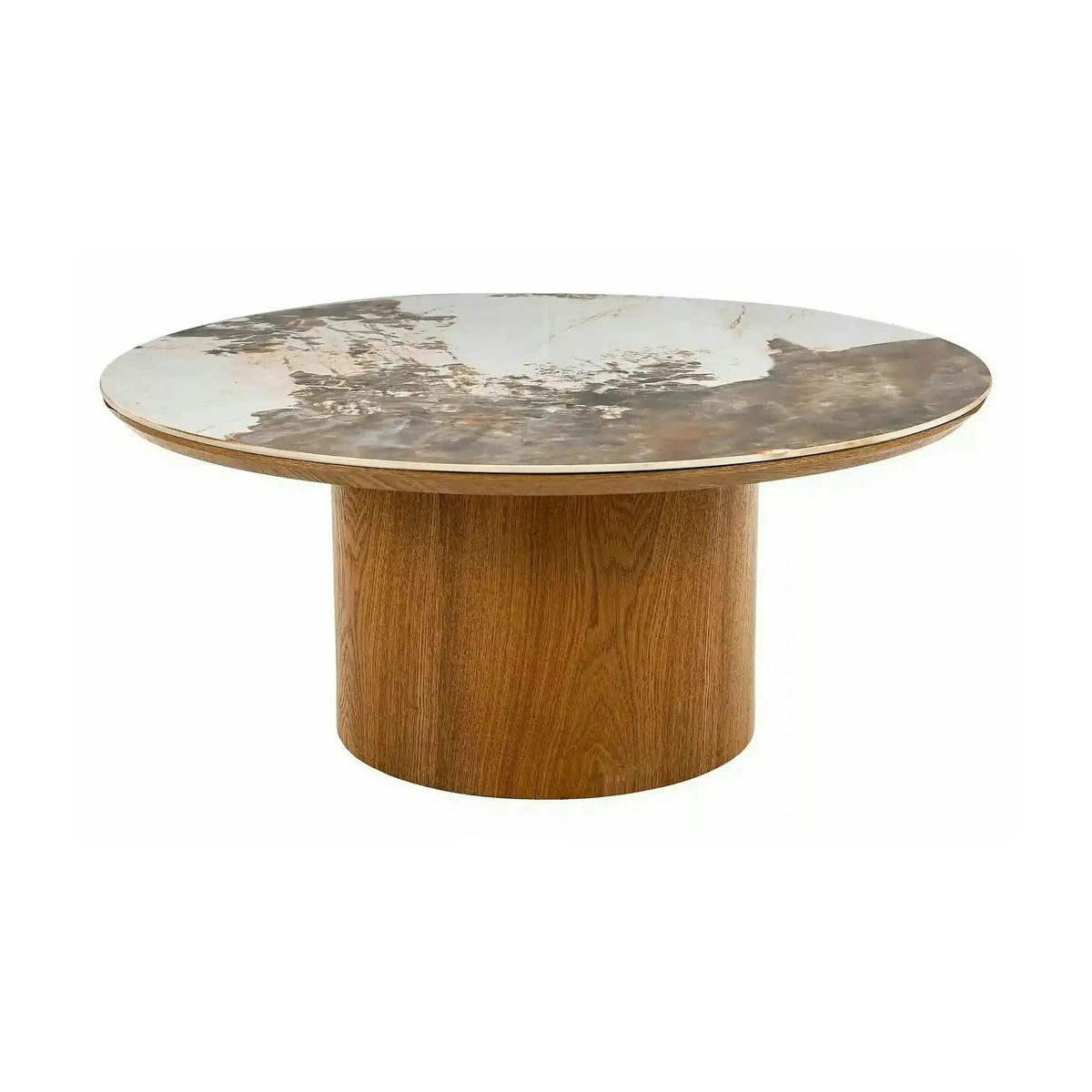 Măsuță cafea RONDO, alb lucios/stejar, ceramică/furnir/MDF, 80x80x35 cm