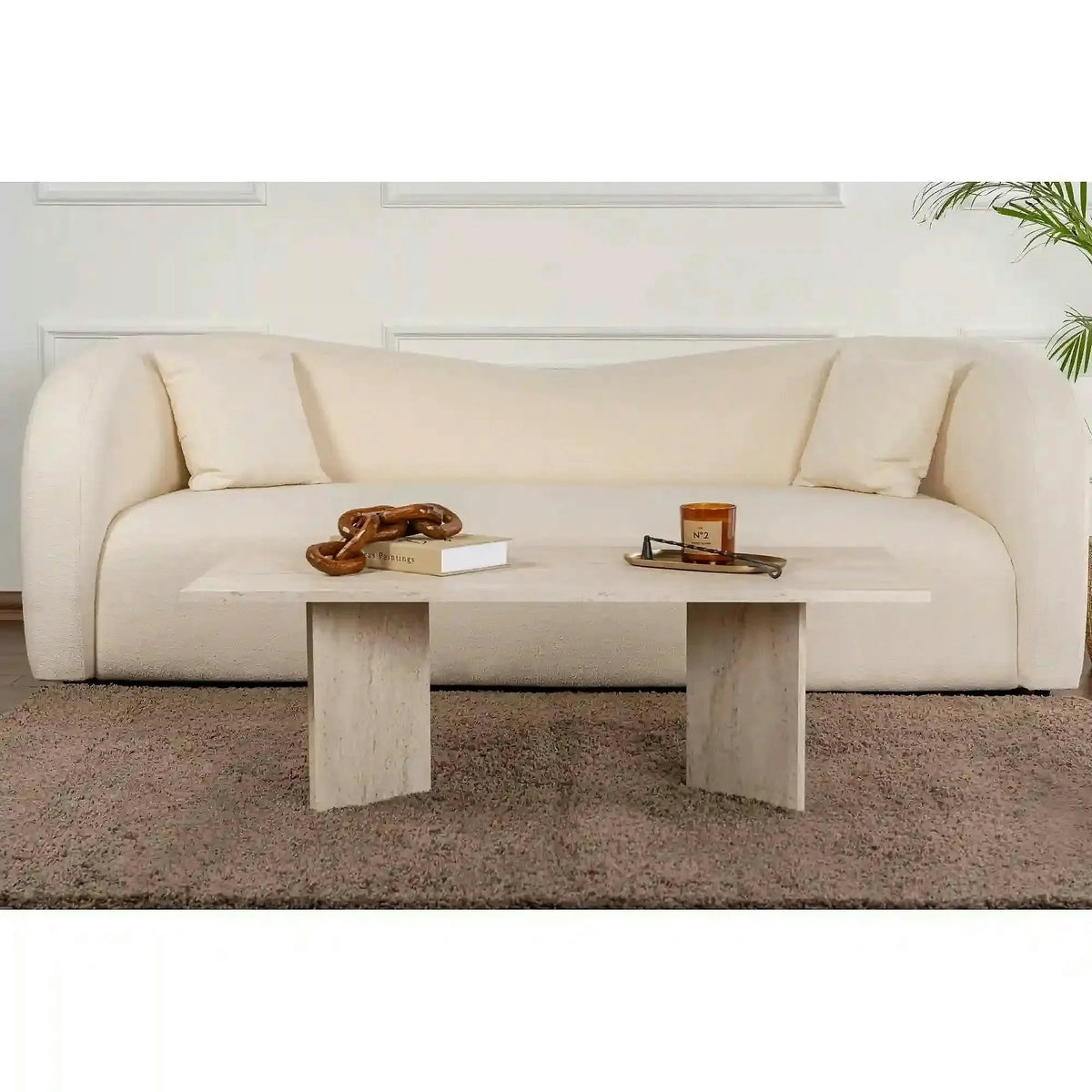 Masuta cafea SABIN, bej cu efect de piatra travertin, PAL, 119x60x40 cm