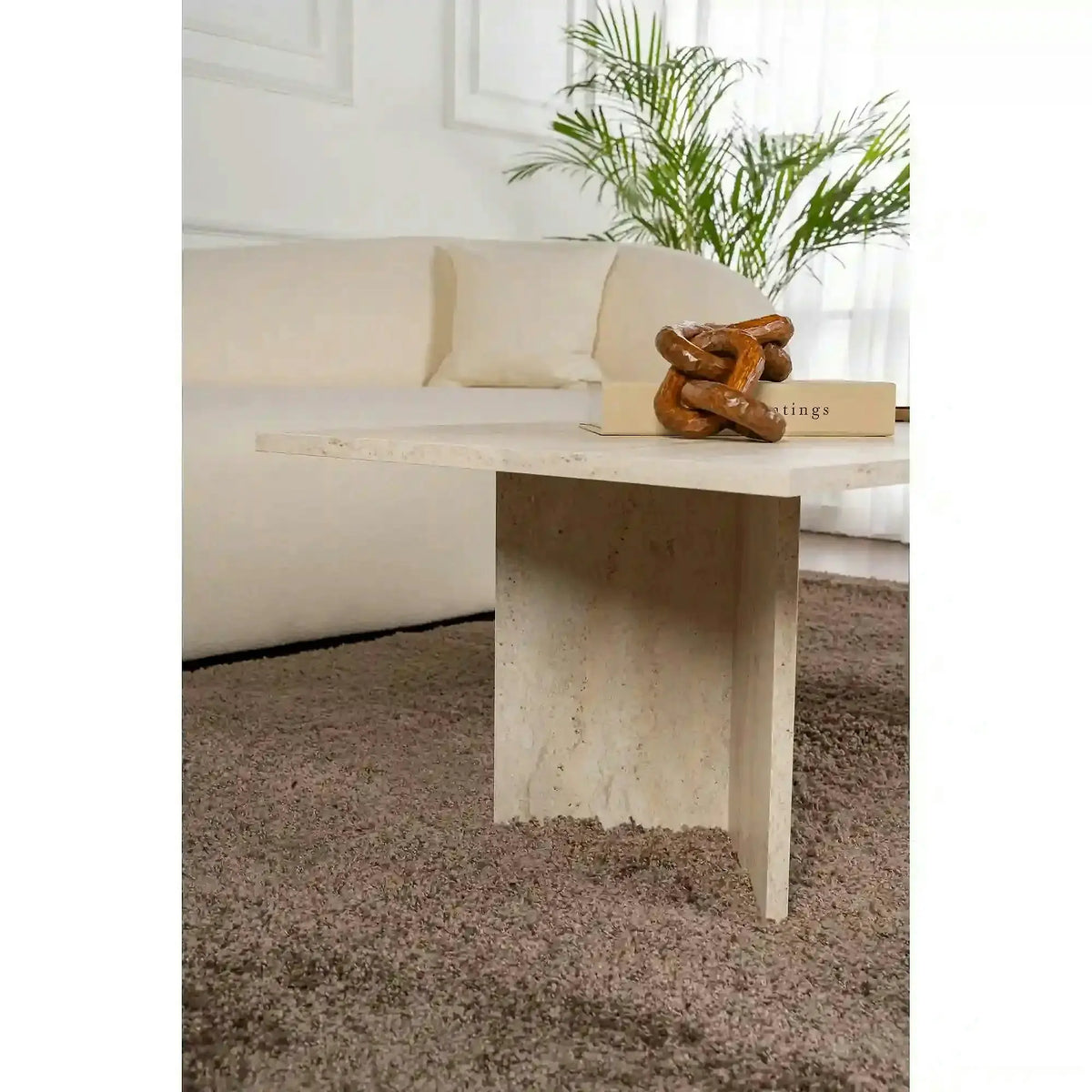 Masuta cafea SABIN, bej cu efect de piatra travertin, PAL, 119x60x40 cm