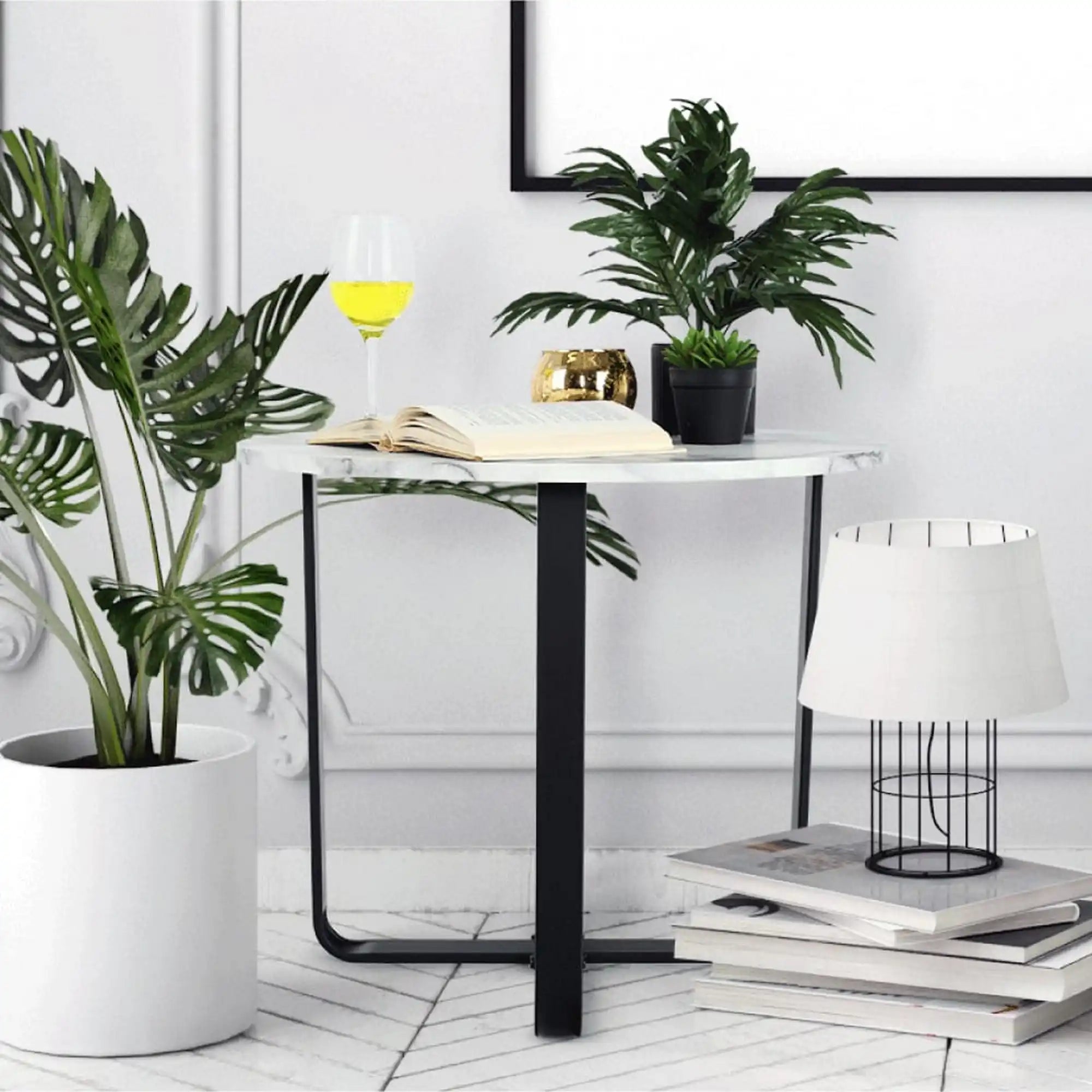 Masuta cafea SALINO, alb cu efect de marmura, metal, 60x60x50 cm