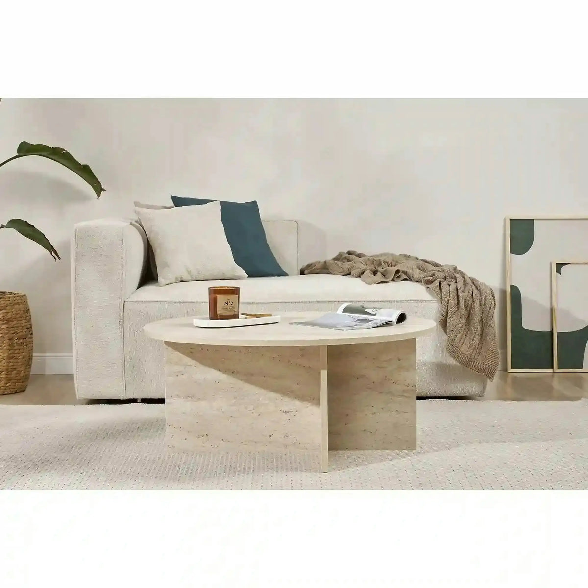 Masuta cafea SOLEIL, bej cu efect de piatra travertin, PAL melaminat, 90x90x40 cm