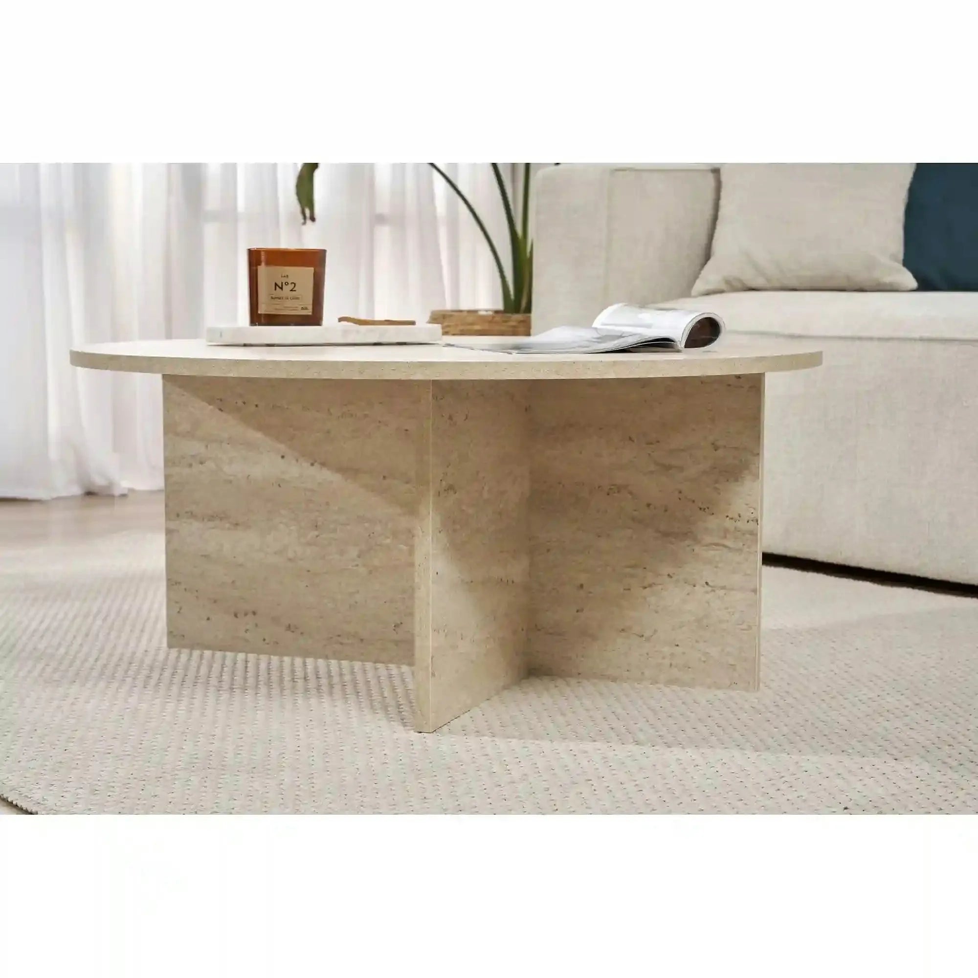 Masuta cafea SOLEIL, bej cu efect de piatra travertin, PAL melaminat, 90x90x40 cm
