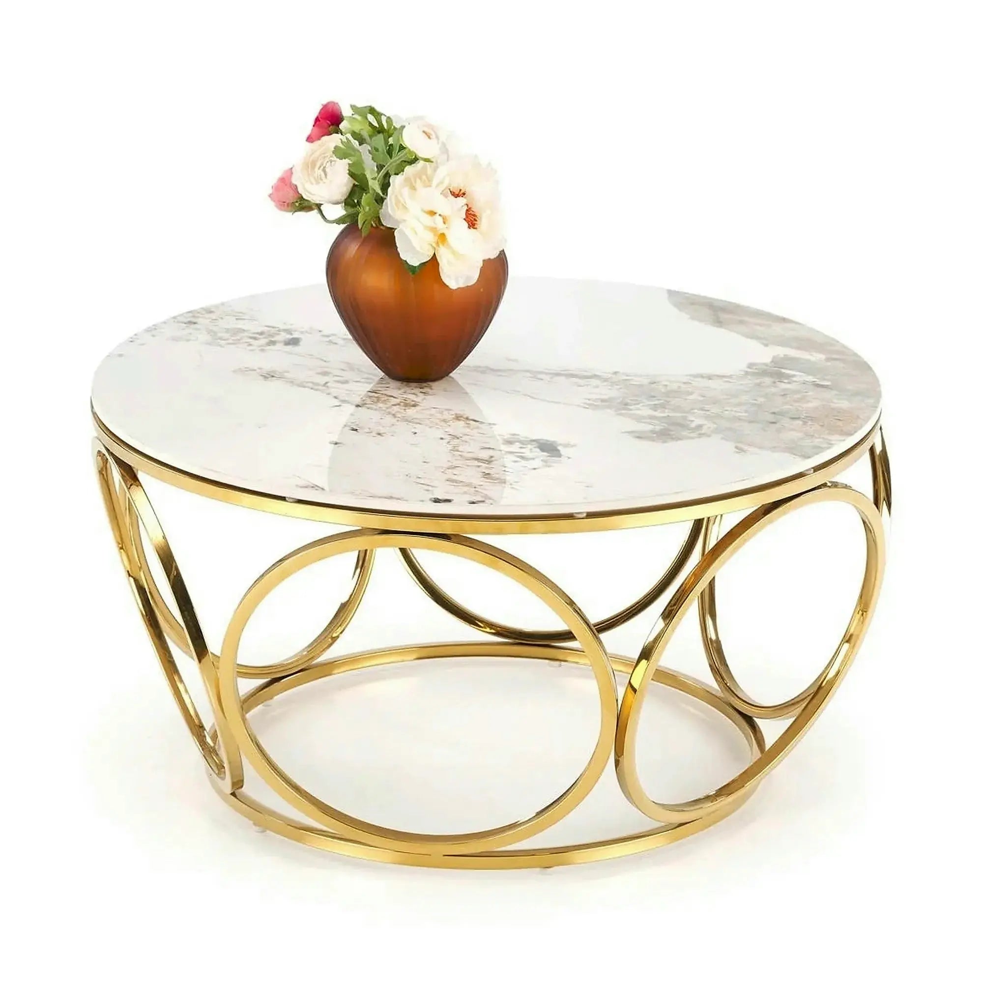 Masuta cafea VENUS 2, alb/auriu, ceramica/metal, 80x80x44 cm