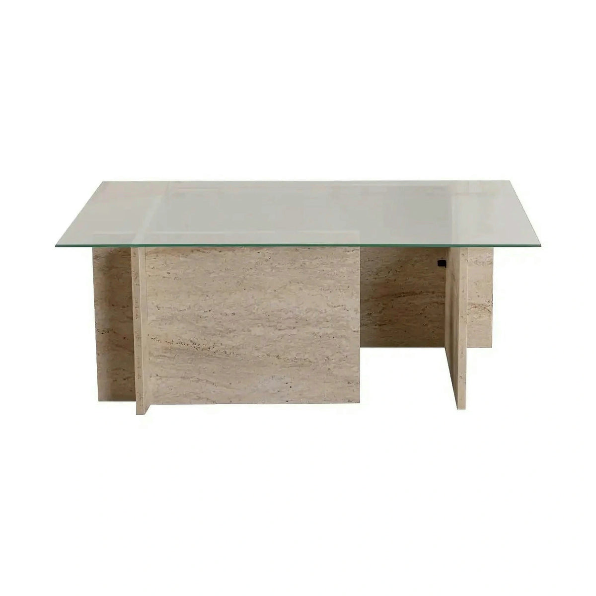 Masuta cafea VETRINO, bej cu efect de piatra travertin/transparent, sticla/PAL, 105x65x40 cm