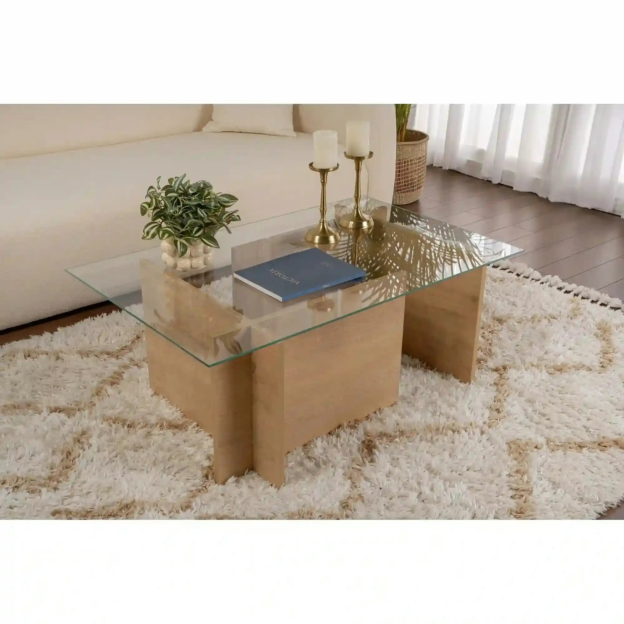 Masuta cafea VETRINO, stejar miere/transparent, sticla/PAL, 105x65x40 cm